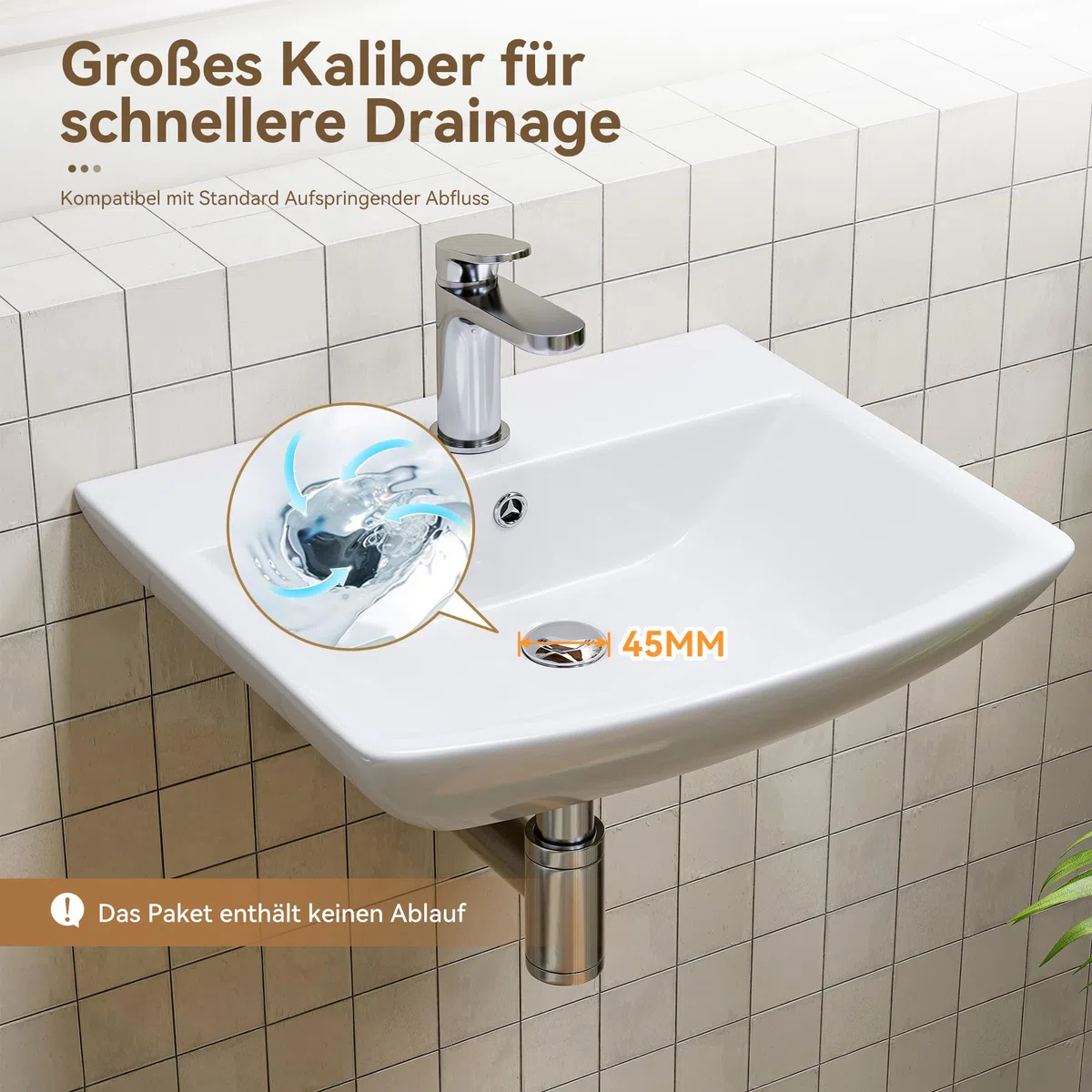 HOROW Lavabo da bagno piccolo con troppopieno, lavabo da tavolo, per bagno degli ospiti, lavabo sospeso, lavabo da parete con foro per rubinetto, in ceramica, bianco, 50 cm