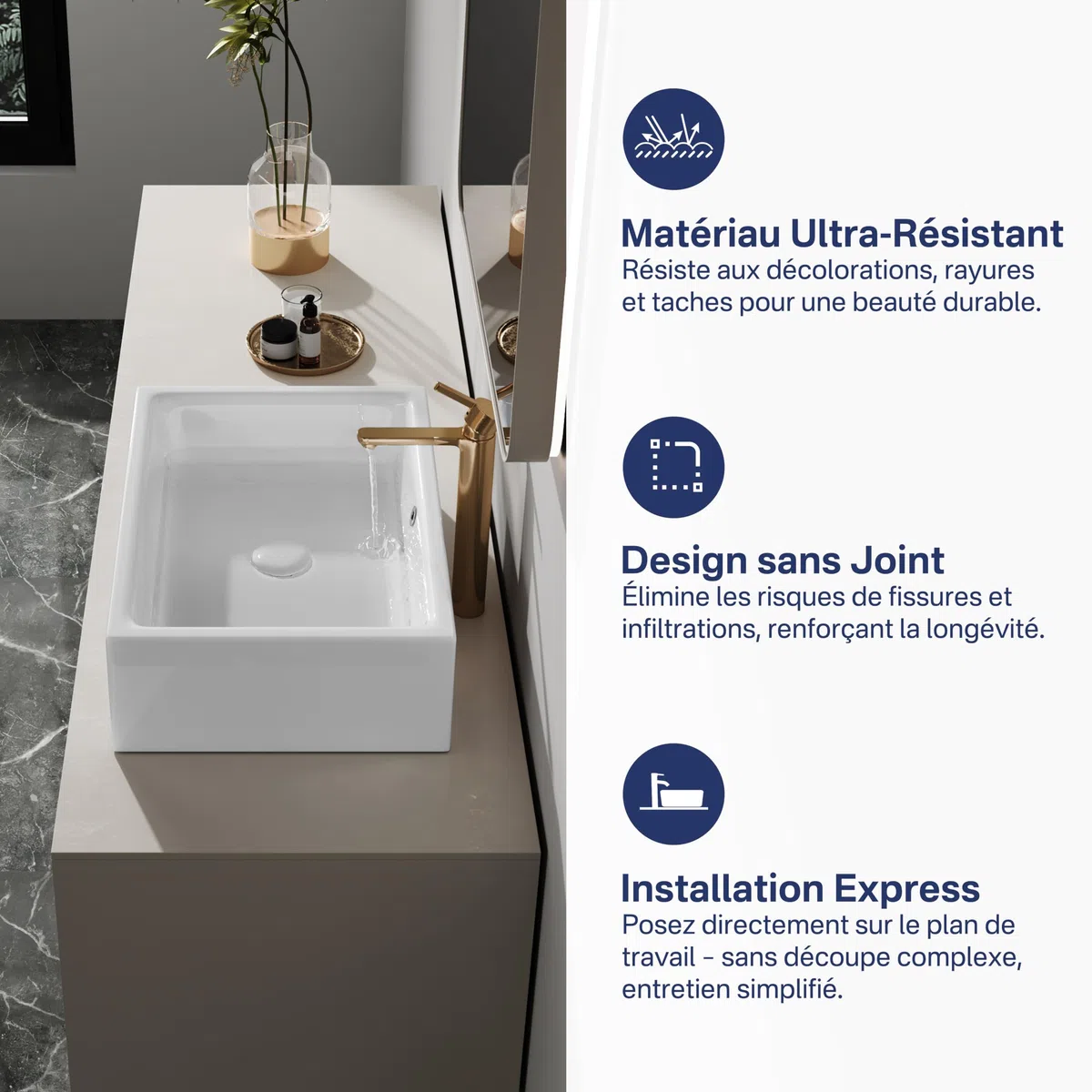 Eridanus Lavabo rettangolare in ceramica, 51 x 37 x 15 cm, lavabo da appoggio per vasca da bagno, moderno lavabo bianco, lavabo da tavolo, lavabo con foro per rubinetto, lavabo a mano