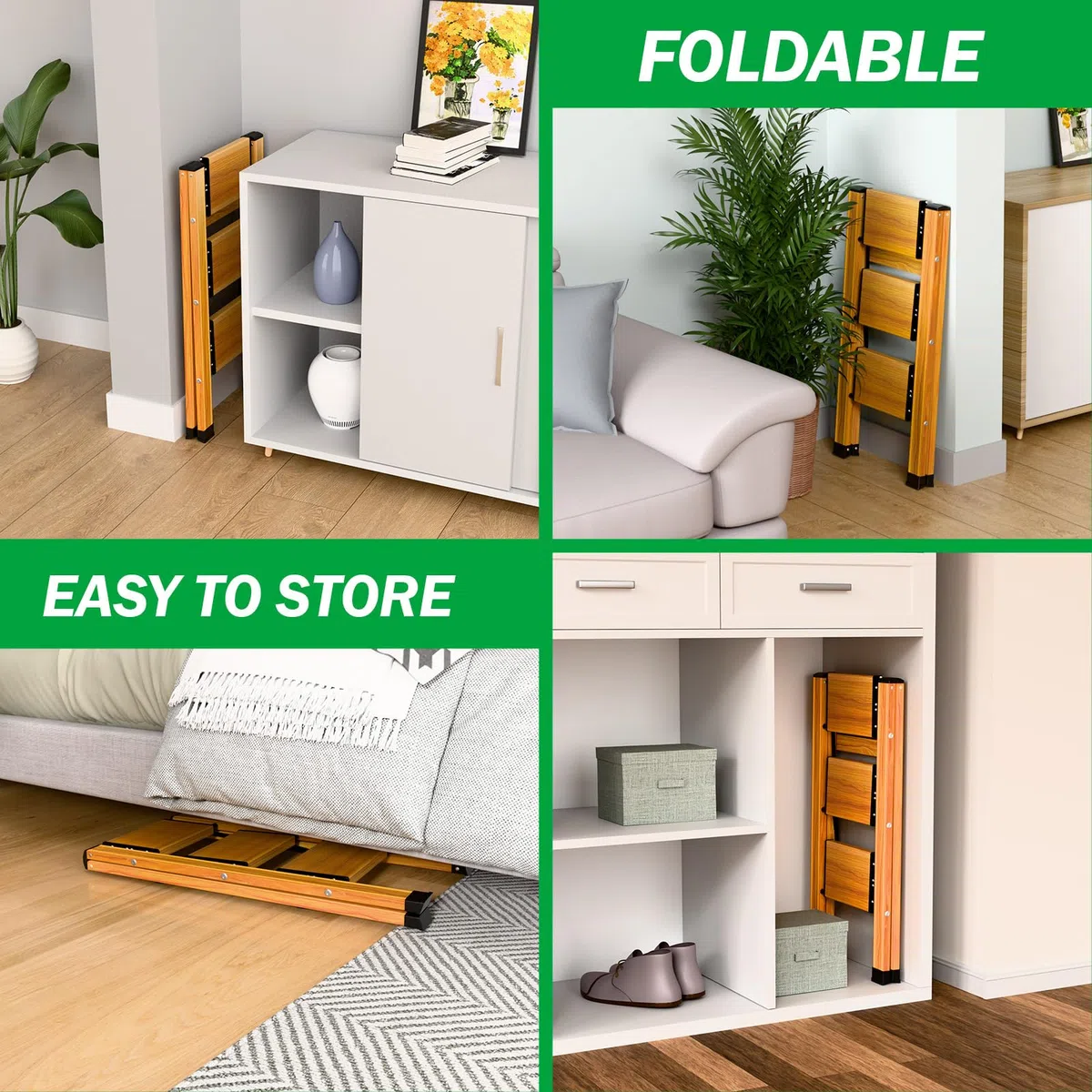 3 Gradini Scala Pieghevole in Alluminio, Scala Portatile Antiscivolo, Scala Multifunzione con Design a Trama Legno, Resistente fino a 150 kg per Casa, Cucina, Bagno, Campeggio
