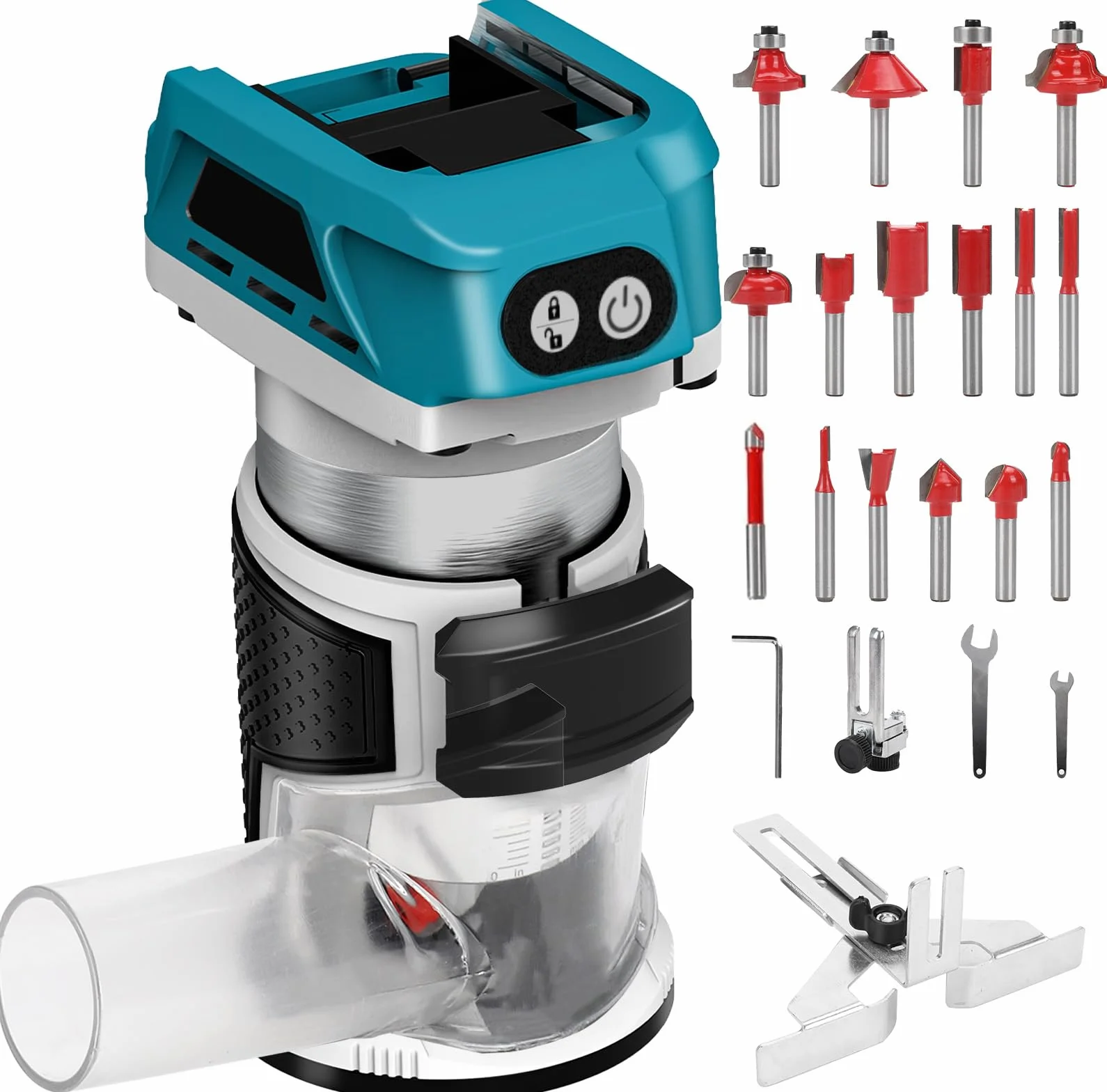 Fresa a batteria compatibile con batteria Makita da 18 V, fresa a bordi senza spazzole a 6 velocità, guida dritta, ruota di guida, 15 frese e canale di polvere (senza batteria)