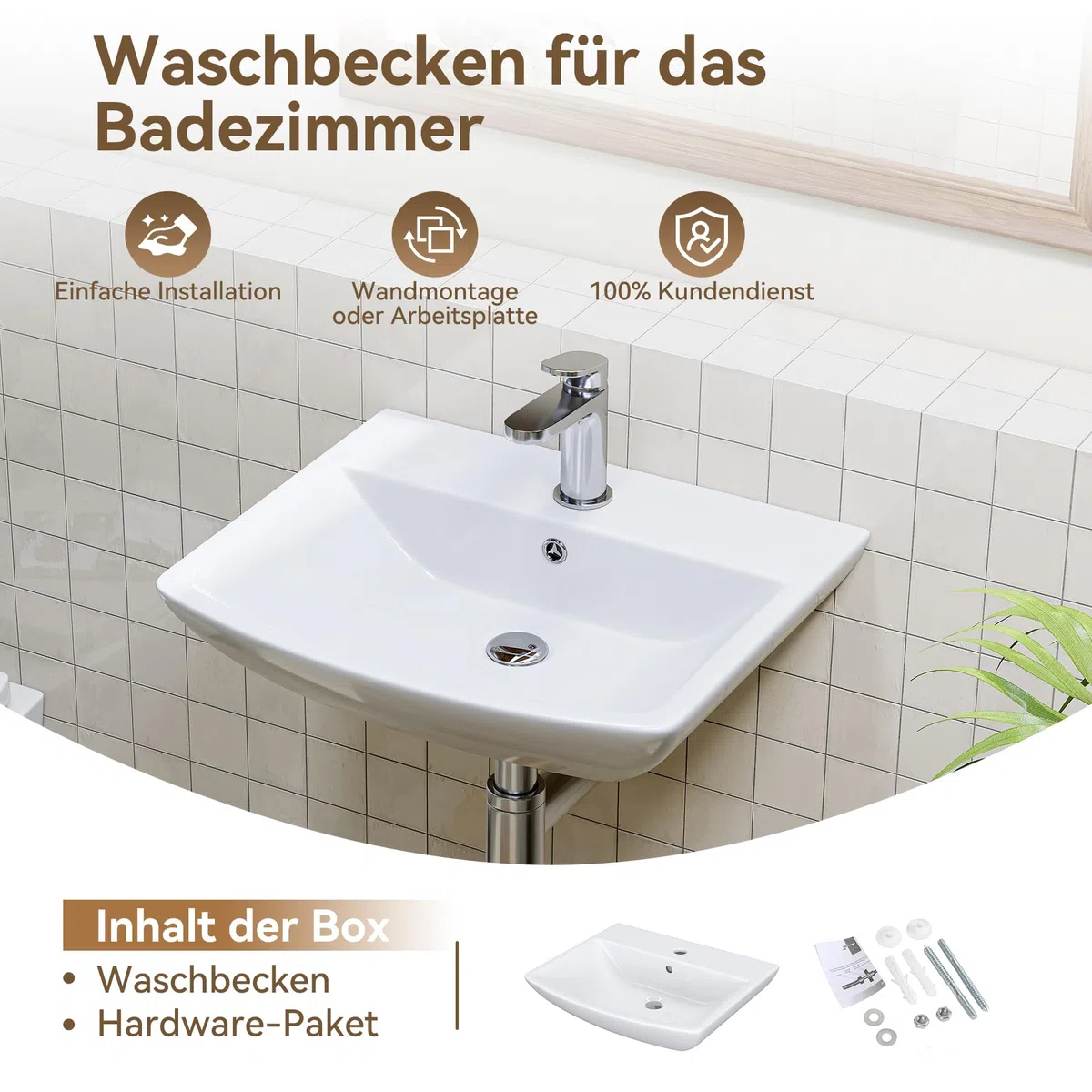 HOROW Lavabo da bagno piccolo con troppopieno, lavabo da tavolo, per bagno degli ospiti, lavabo sospeso, lavabo da parete con foro per rubinetto, in ceramica, bianco, 50 cm