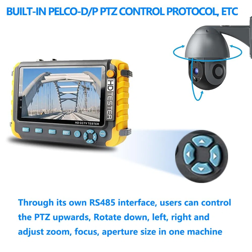 Tester videosorveglianza TVCC 4 in 1, supporta test telecamera 5MP AHD 5MP TVI 4 MPVCVI CVBS con ingresso VGA/HDMI, prova cavo RS485 UTP, potenza di uscita CC 12V 1A