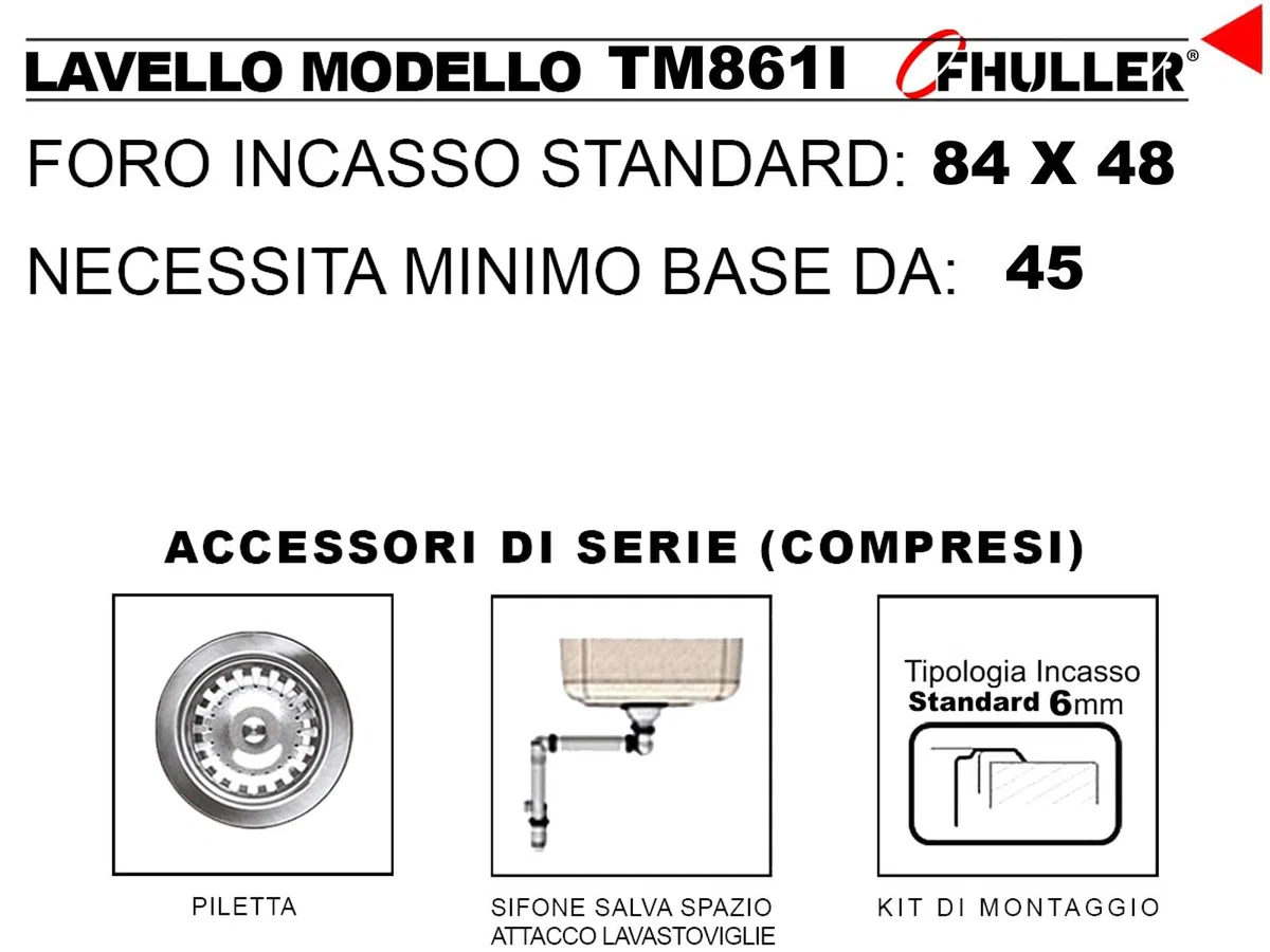 FHULLER TM861ILPC Lavello Cucina Acciaio Inox Prelucido 86X50 con 1 Vasca 33X37 H 15,5 Destra e Gocciolatoio Sinistra ● Incasso Cucina Atmosfera ● Made in Italy - Lavabo da Incasso Made in Italy