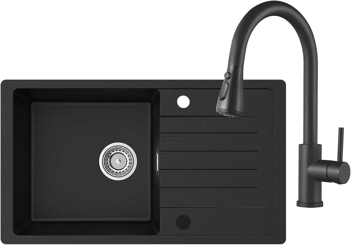 CECIPA 78 x 45 cm Lavello Cucina con Arco Rubinetto Estraibile, Lavello Nero con Gocciolatoio in Granito, Lavandino Cucina Nero per Mobile di lunghezza 60cm con Troppopieno e Sifone