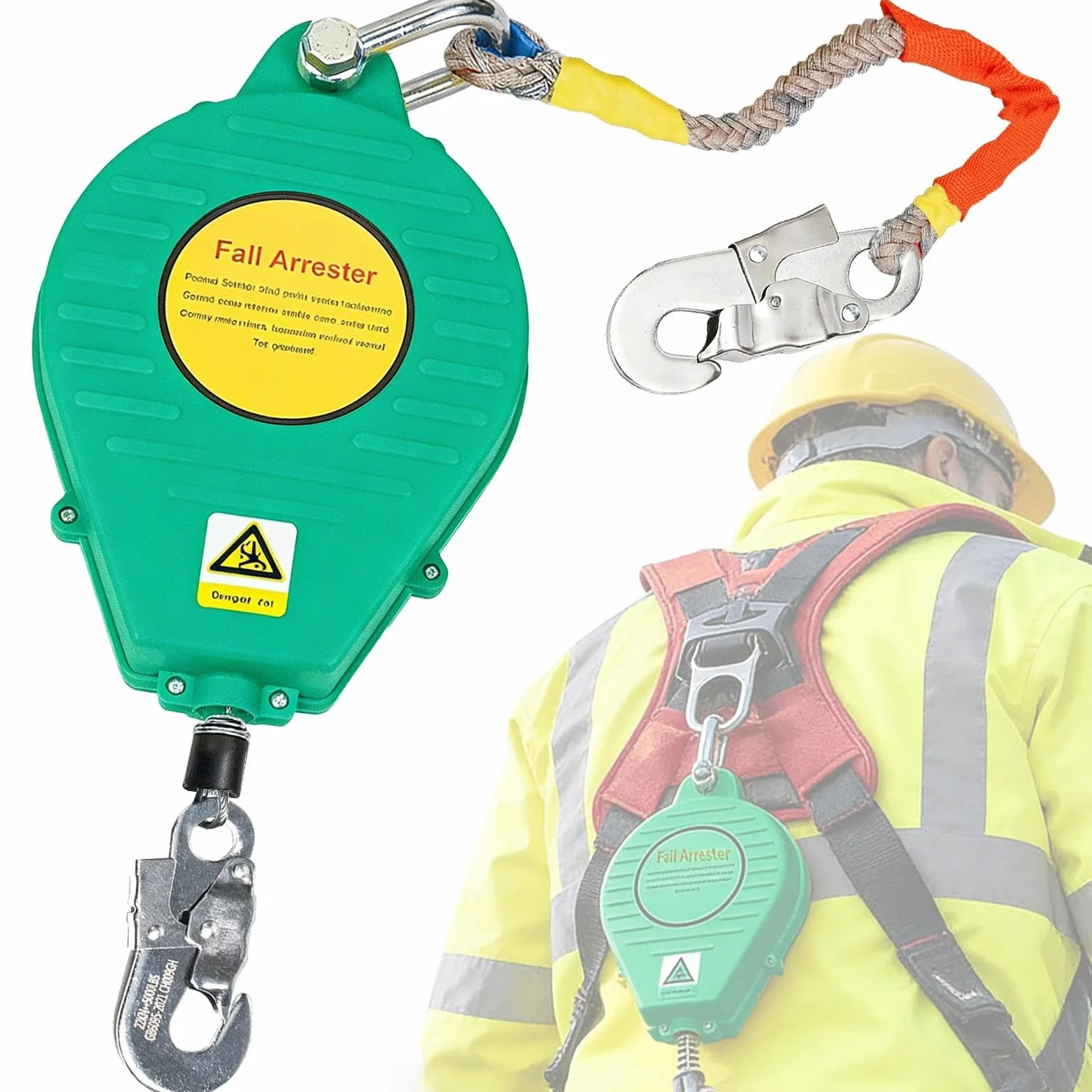 Imbracatura di Sicurezza Anticaduta 3-20m, Dispositivo Anticaduta Retrattile Certificato per lavori su tetti e ad alta quota, 150kg Dispositivo di Sicurezza Anticaduta Retrattile(Verde,10m)