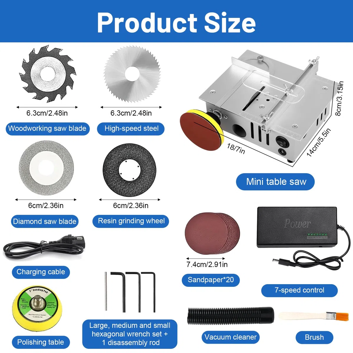 Mini Sega Circolare con 4 Lame, 96w Mini Sega da Tavolo Portatile, Banco Sega Circolare per Legno con Alimentazione 7 Velocità, Scalpello SDS Plus per Piastrelle, Scalpello Muratore (A)