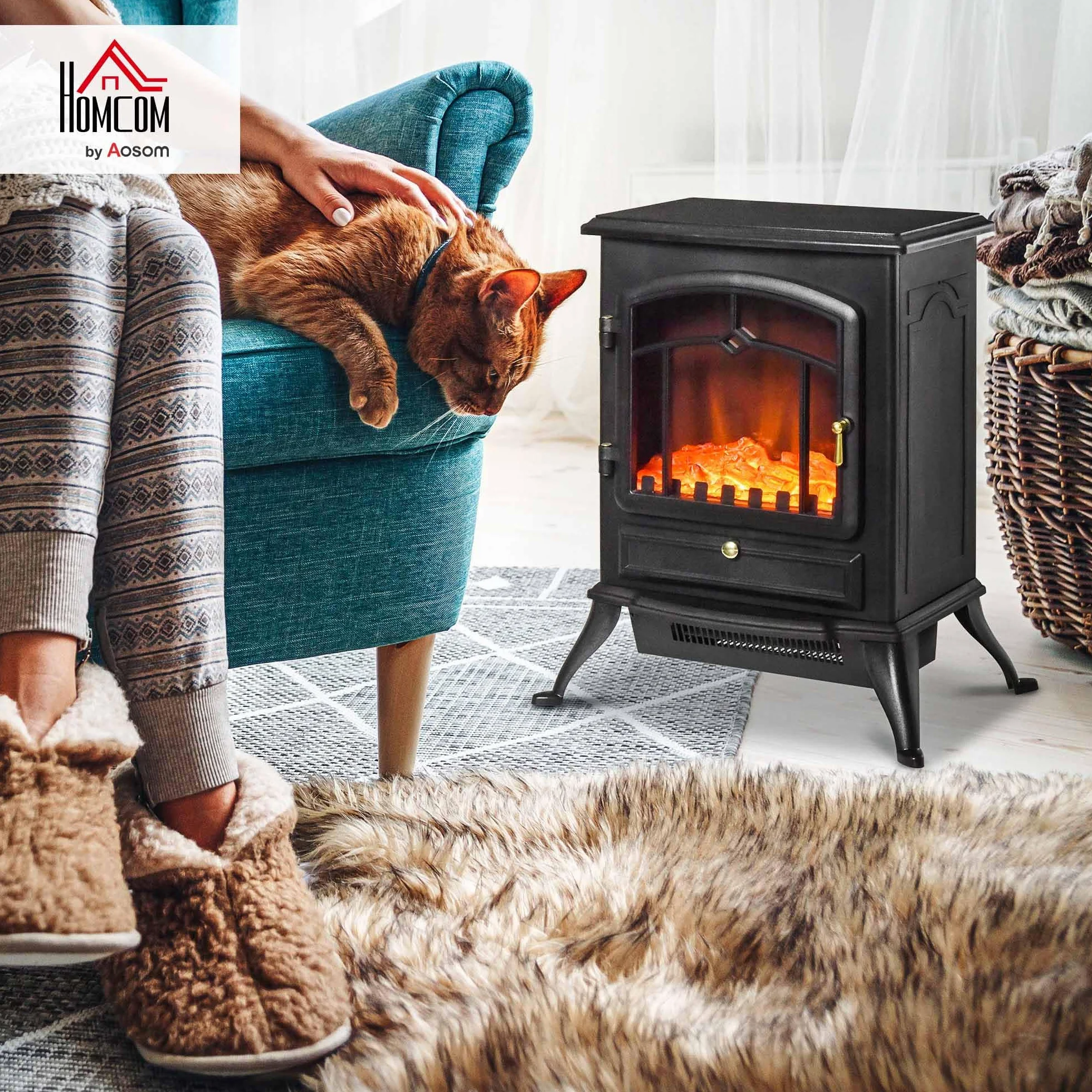 HOMCOM Camino Elettrico da Terra con Effetto Fiamma, Caminetto Elettrico 1000W /2000W con Protezione da Surriscaldamento e Termostato, in ABS e Vetro, 45x28x54cm, Nero