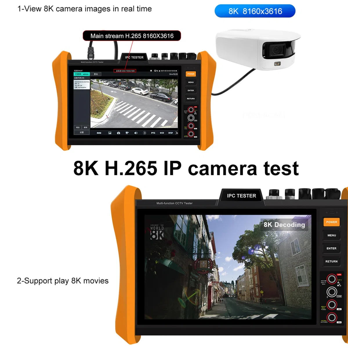 Tester multifunzione per telecamera IP 8K, schermo 8 K, H.265, 8 MP, TVI/CVI/AHD/SDI/CVBS, tester per cavi DMM TDR VFL, supporto 55 V POE+, porta SFP HDMI e VGA (modello: H12CLMOVTADHSEF)