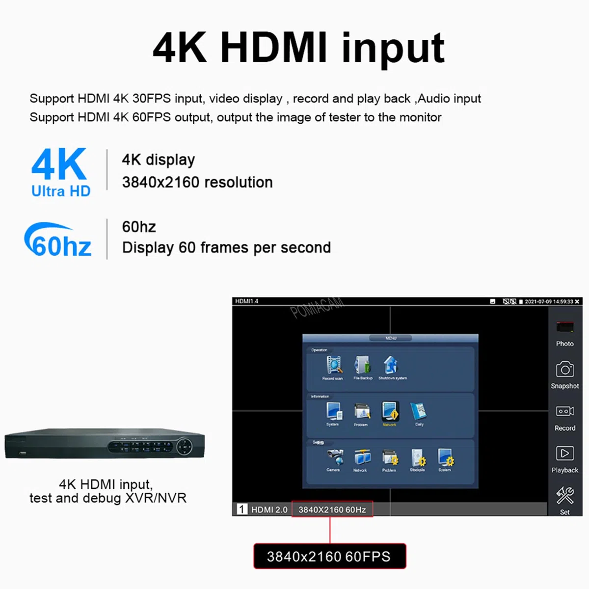 Tester multifunzione per telecamera IP 8K, schermo 8 K, H.265, 8 MP, TVI/CVI/AHD/SDI/CVBS, tester per cavi DMM TDR VFL, supporto 55 V POE+, porta SFP HDMI e VGA (modello: H12CLMOVTADHSEF)