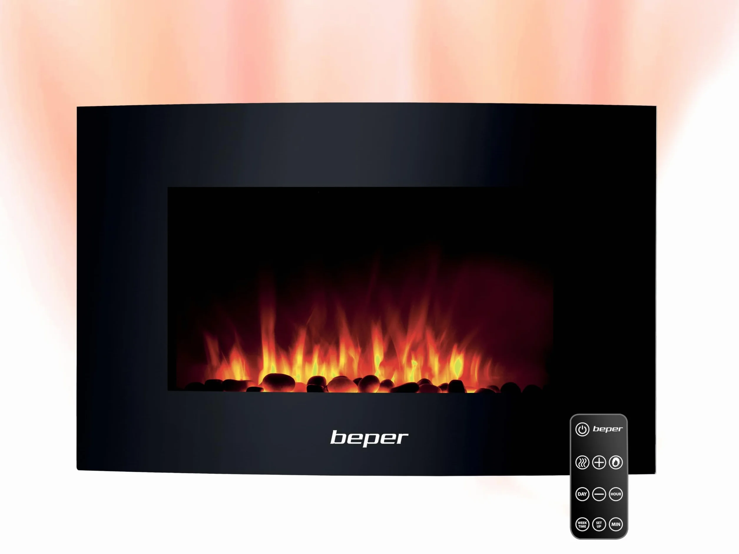 Beper RI.503 – Caminetto Elettrico da Parete, con Telecomando, Effetto Fiamma con 5 Livelli d’Intensità, Timer Settimanale, Modalità Riscaldante con Impostazione della Temperatura, 52 x 66 x 15 cm
