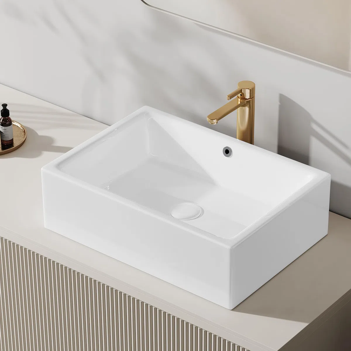 Eridanus Lavabo rettangolare in ceramica, 51 x 37 x 15 cm, lavabo da appoggio per vasca da bagno, moderno lavabo bianco, lavabo da tavolo, lavabo con foro per rubinetto, lavabo a mano