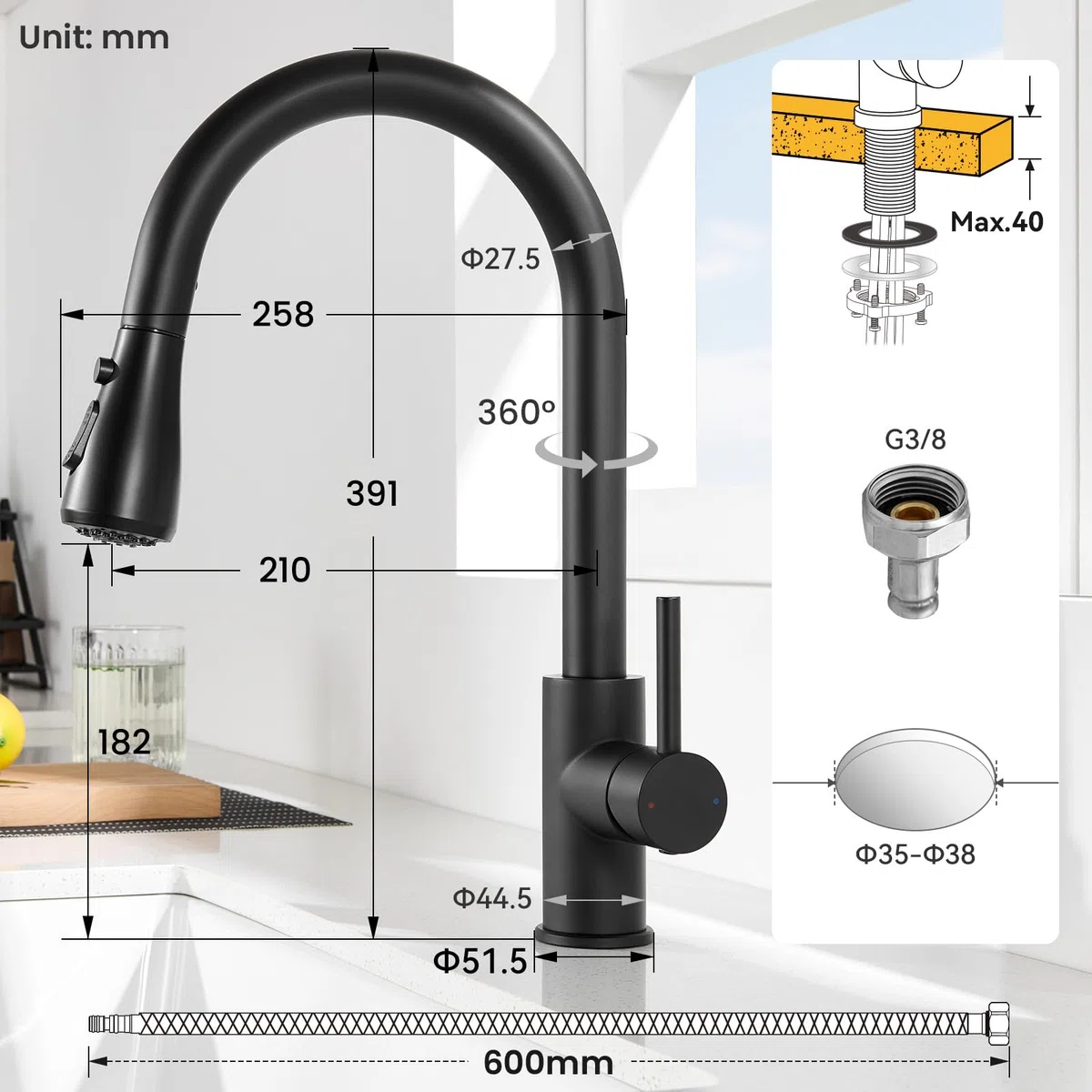 CECIPA 78 x 45 cm Lavello Cucina con Arco Rubinetto Estraibile, Lavello Nero con Gocciolatoio in Granito, Lavandino Cucina Nero per Mobile di lunghezza 60cm con Troppopieno e Sifone