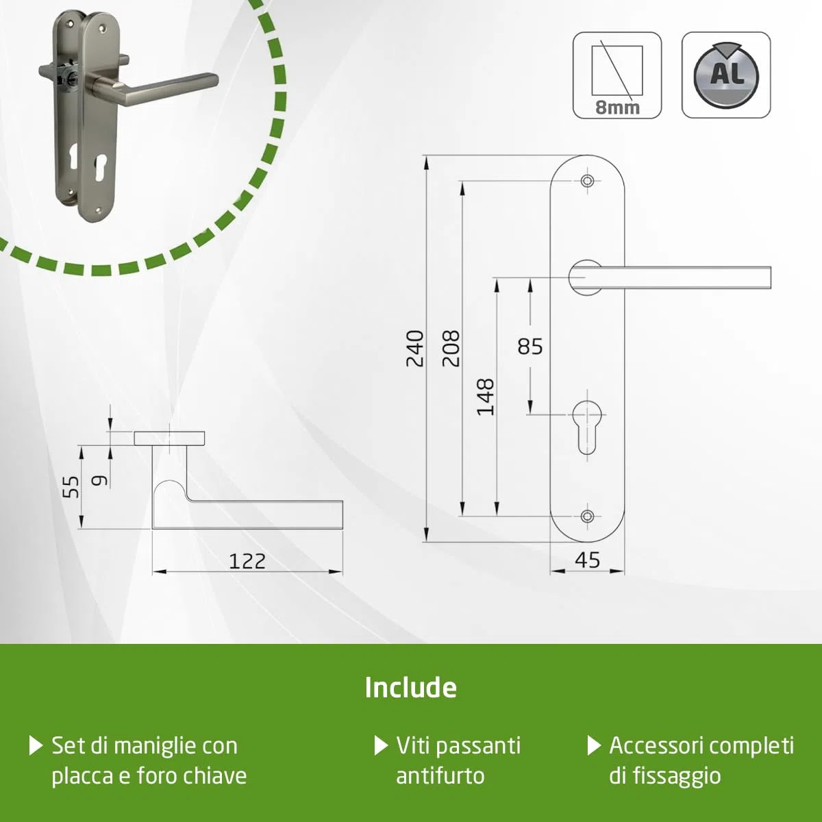 Amig - Confezione da 4 set di maniglie con piastra in acciaio per porte - mod. MAI PB85-240 x 45 mm – Quadretto da 8 mm – Design elegante e semplice – Con Bocallave – Alluminio nichel spazzolato