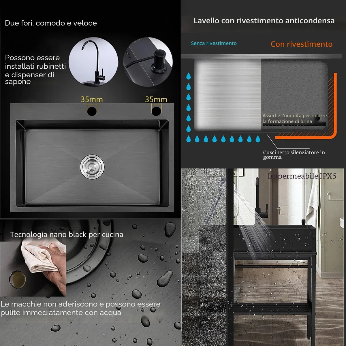 Lavandino in Acciaio Inox Professionale 1 Vasca,60x45x86cm Lavello Nero Multifunzione Cucina,Lavatoio da Esterno Autoportante,Lavabo Commerciale con Rubinetto,per Interno Ristorante Caffè Garage