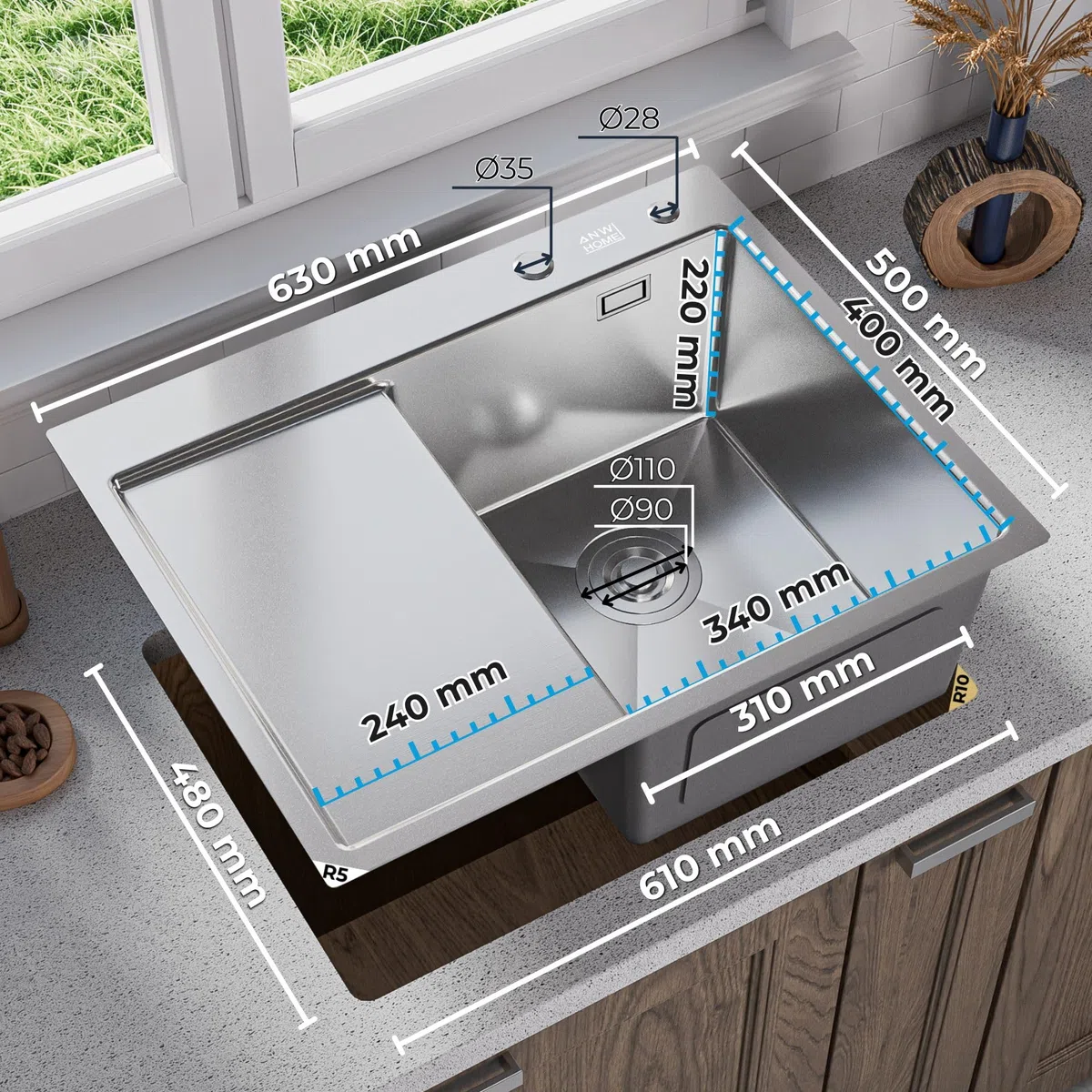 ANW HOME Lavello Cucina 1 Vasca Acciaio Inox, Lavandino Cucina da Incasso con Gocciolatoio 63x50 cm, Argento, Finitura Nano, Spessore 3.0/1 mm, con Sifone, Dosatore e Cestello