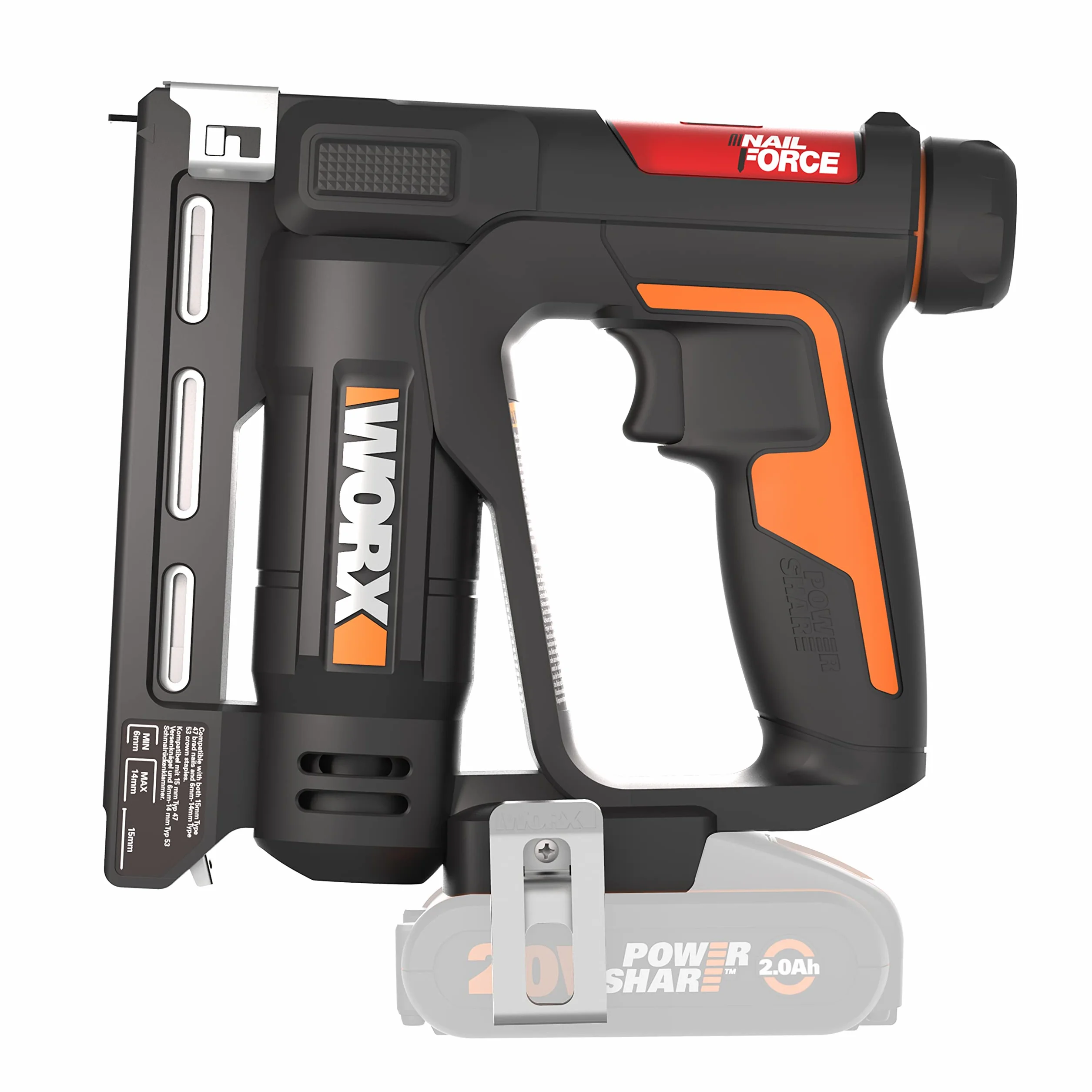 WORX WX843.9 Pinzatrice chiodatrice 20 V | PowerShare | Senza batteria e caricatore | Chiodi 1,2 mm tipo 47 e graffette 11,4 mm tipo 53 | Regolazione della profondità senza attrezzi