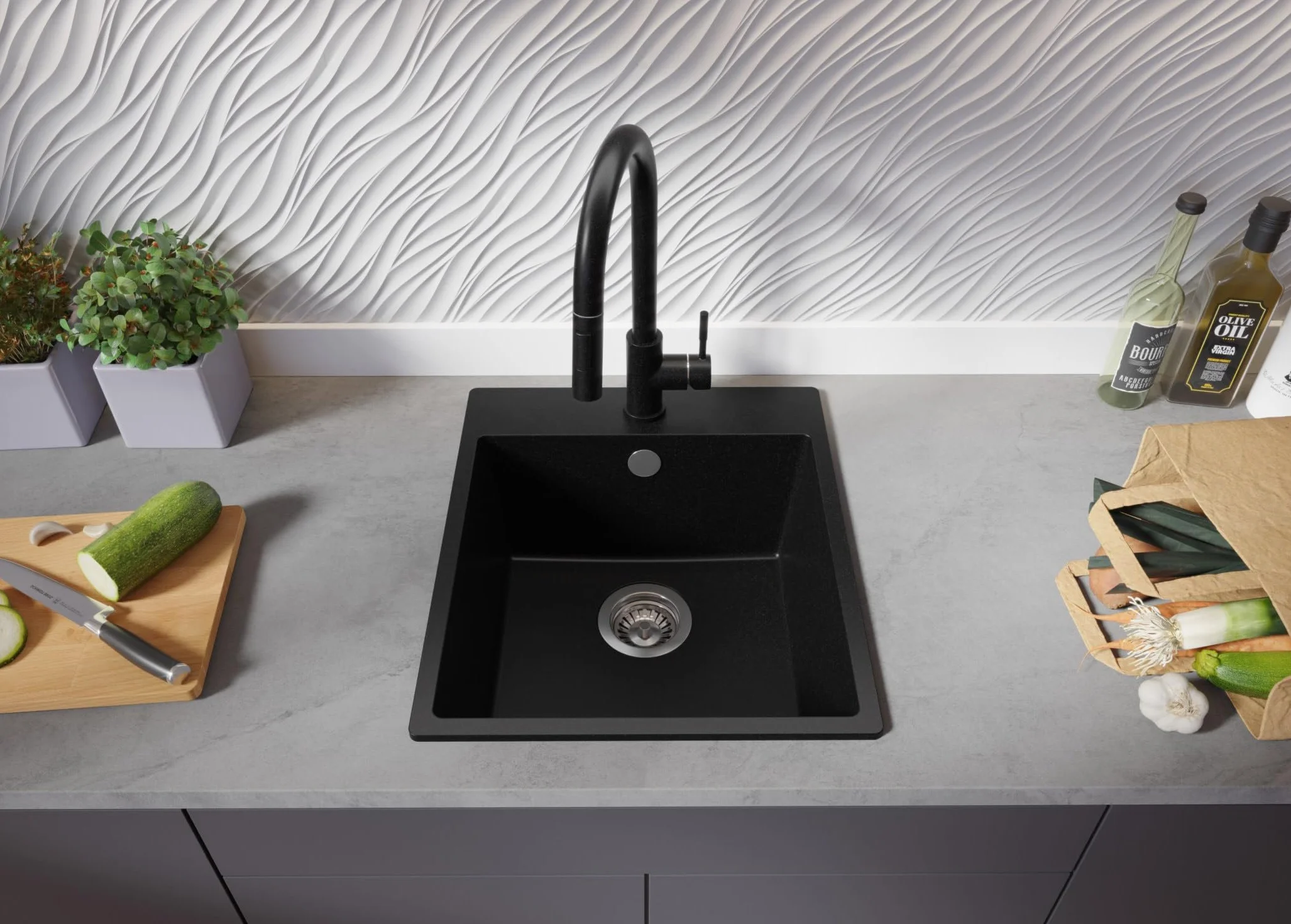 PRIMAGRAN Lavello da Cucina Nero 43x50cm, Lavandino in Granito a 1 vasca + Sifone Classico, Lavabo da Cucina Incasso al Mobile 45cm - Riga S125