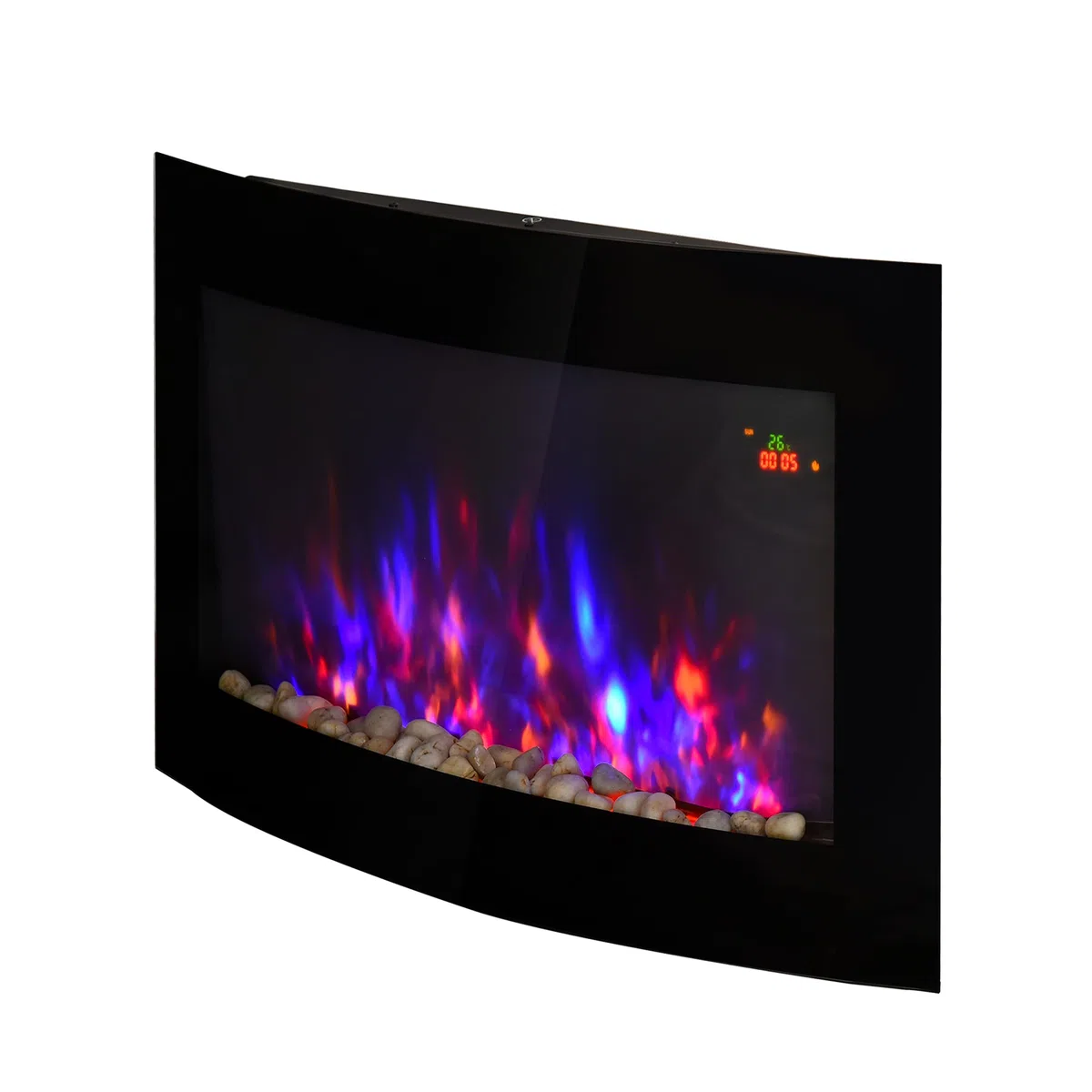 HOMCOM Caminetto Elettrico da Parete con Effetto Fiamma Colorato e Telecomando, Camino Elettrico 1800W con Temperatura Regolabili, Termostato, Timer e Protezione da Surriscaldamento, Nero