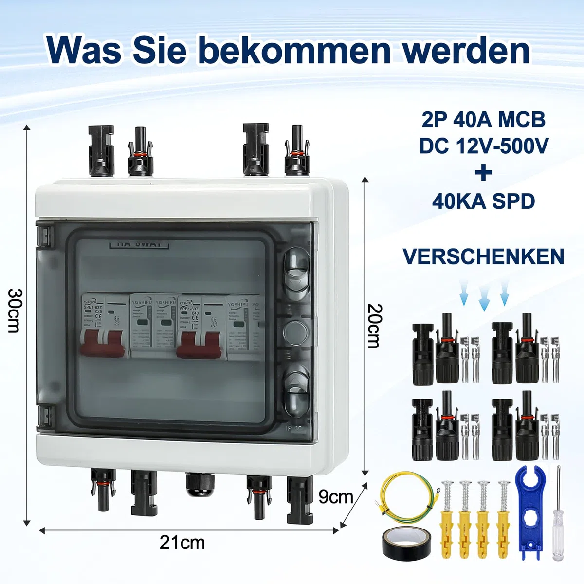 Protezione Sovratensione Fotovoltaica, 500V 40A 20-40KA Scatola Combinata Fotovoltaica, 2 In 2 Out Interruttore Automatico DC Protezione Contro Scaricatore di Sovratensione per Esterni Sistema Solare
