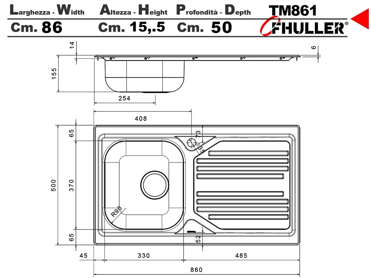 FHULLER TM861ILPC Lavello Cucina Acciaio Inox Prelucido 86X50 con 1 Vasca 33X37 H 15,5 Destra e Gocciolatoio Sinistra ● Incasso Cucina Atmosfera ● Made in Italy - Lavabo da Incasso Made in Italy