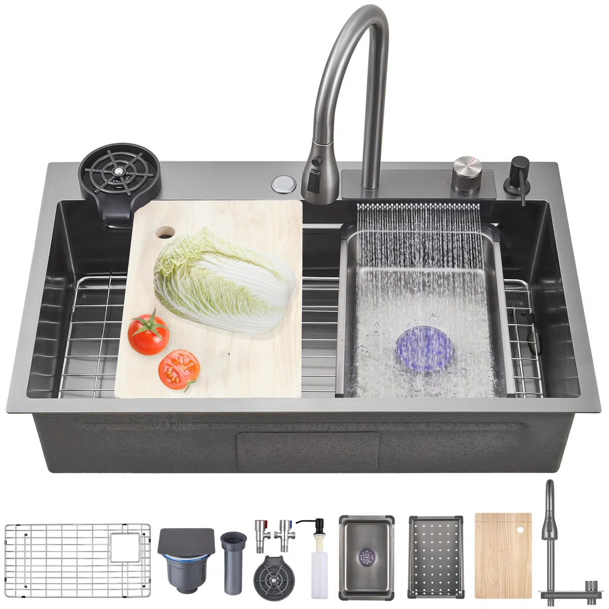 Lavello da cucina a cascata Ribanedy 66 x 50 cm, lavello da cucina in acciaio inossidabile grigio scuro, versatile lavello moderno a vasca singola con rubinetto a spruzzo estraibile e accessori