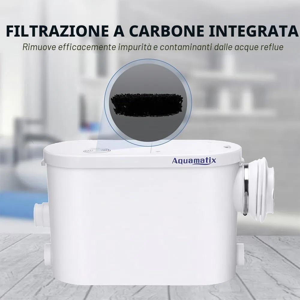 Aquamatix Silencio S Trituratore Pompa Maceratore 400W Sistema di Sollevamento 145L/min per WC sospeso 3 ingressi 8m Distanza di pompaggio verticale con Filtro a carbone