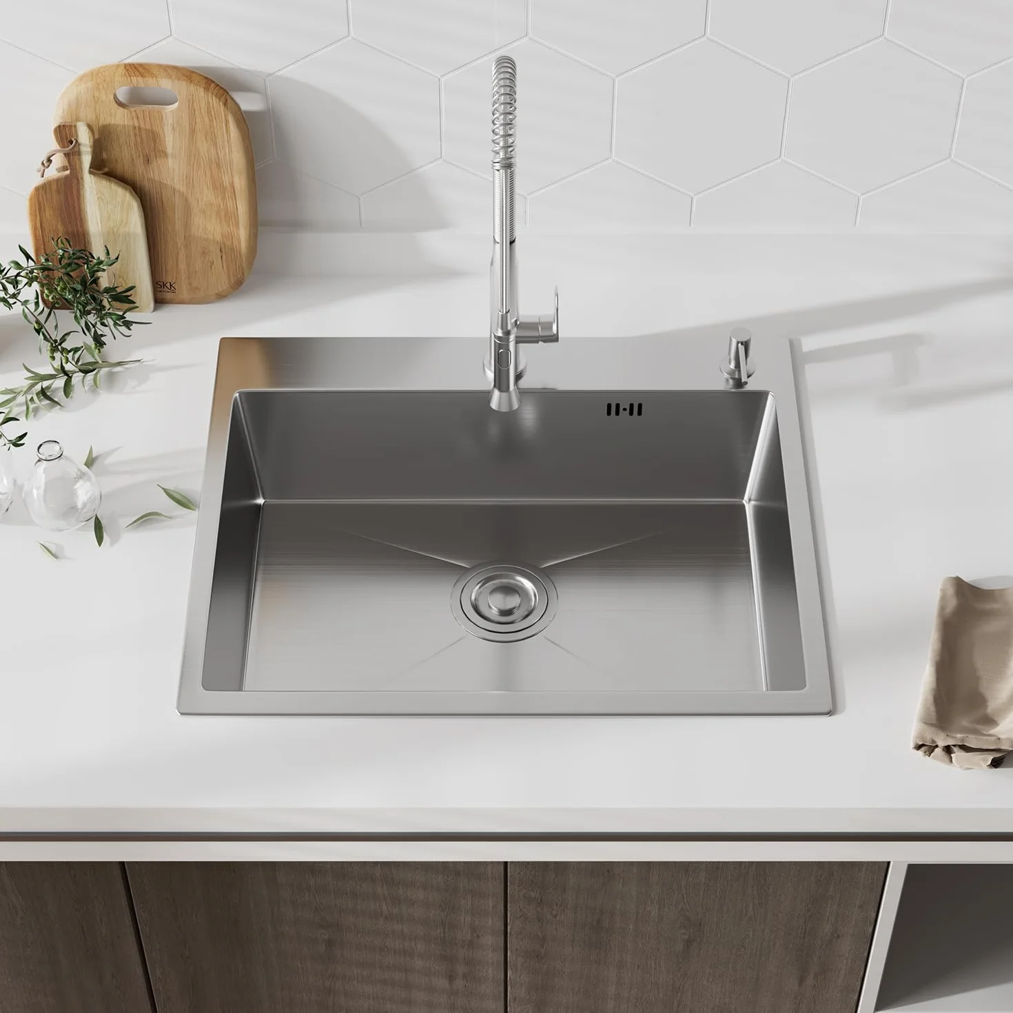 STANEW Lavello da cucina con 1 vassoio 50 x 45 cm, lavello da incasso, fori per rubinetti e dispenser di sapone, argento