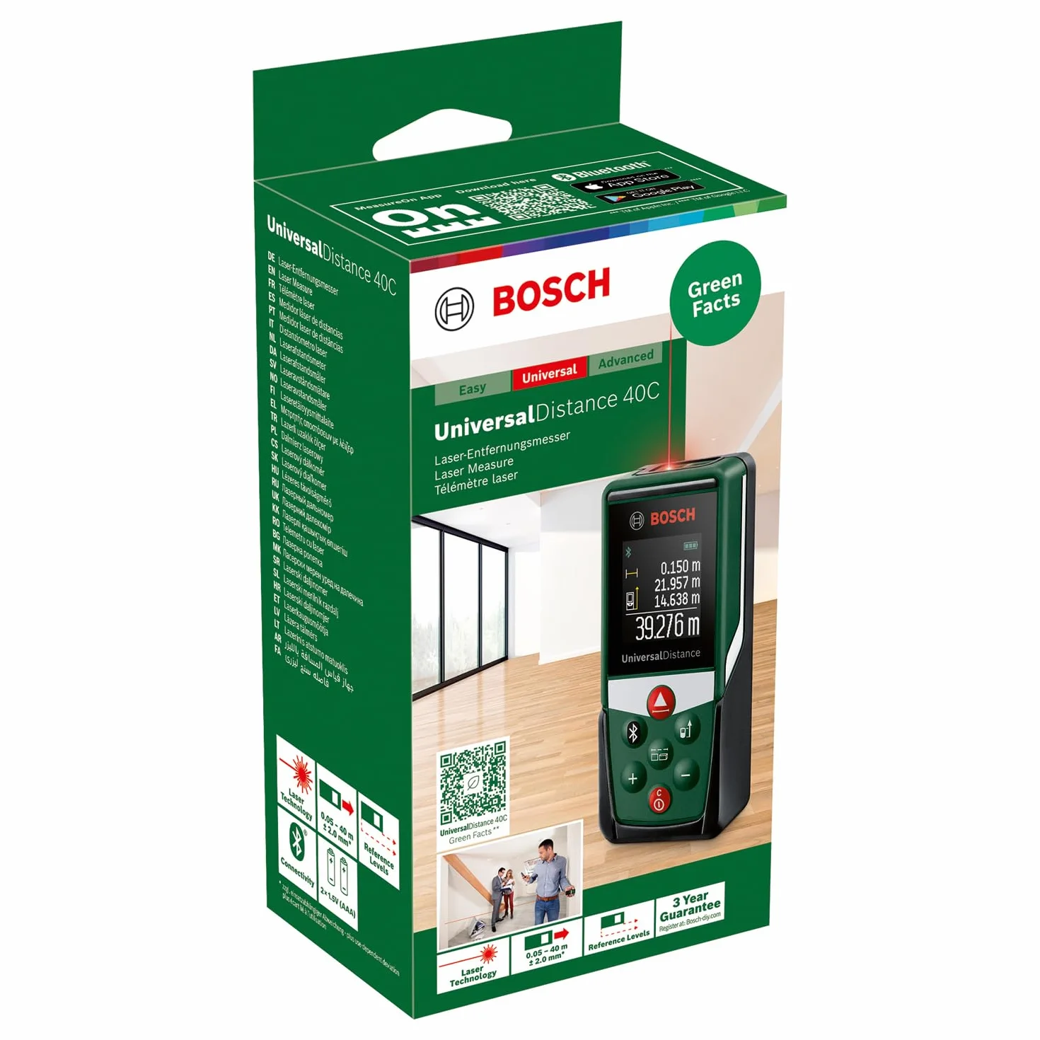 Bosch distanziometro laser UniversalDistance 40C (misura distanze fino a 40 m con precisione, connettività Bluetooth, funzioni di misurazione, in cartone)
