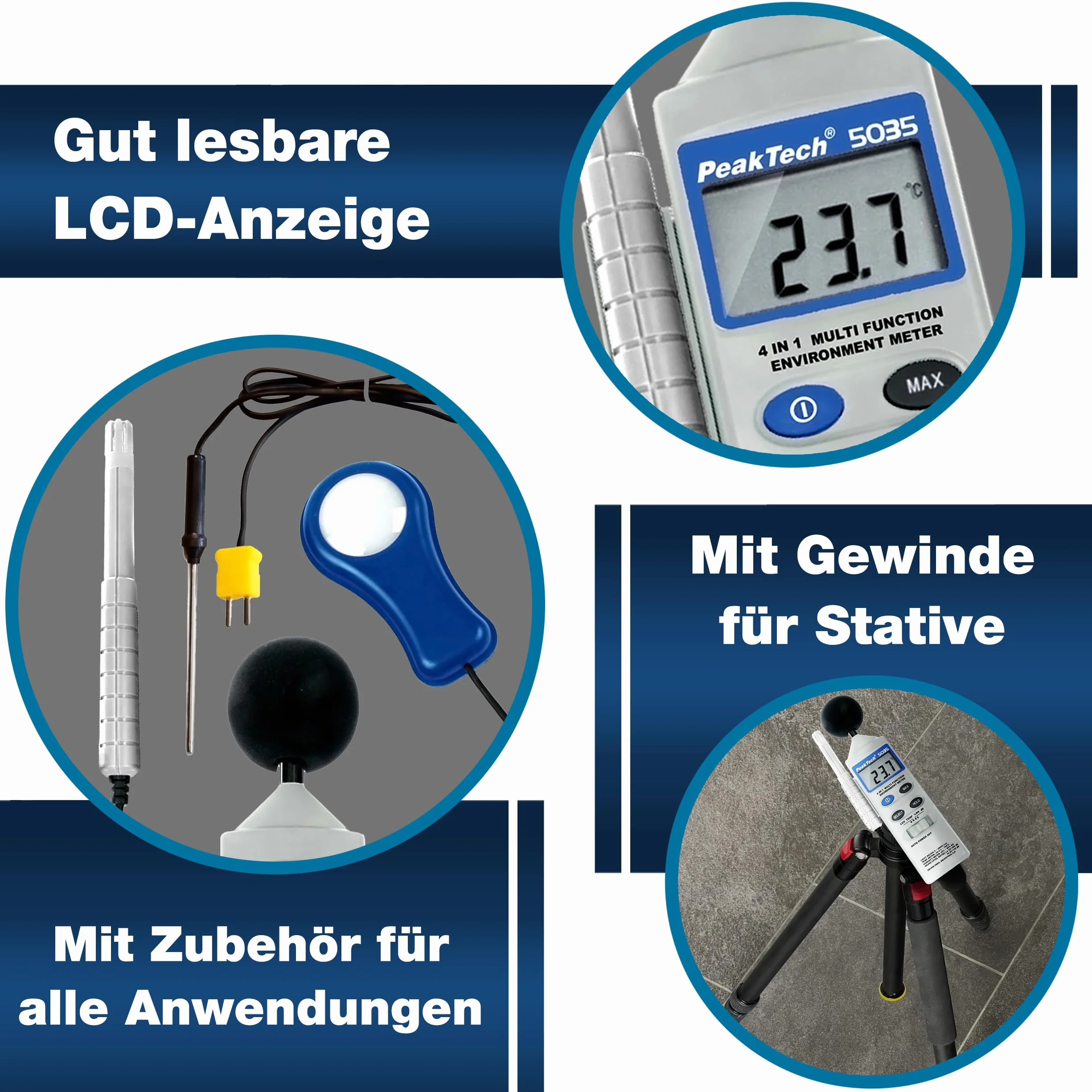 Peaktech 5035 - Dispositivo di Misurazione Ambientale Multifunzione 4 in 1, Suono, Temperatura, Umidità e Luminosità, Schermo LCD, Sensore di Tipo K, Funzionamento a Batteria - 250G