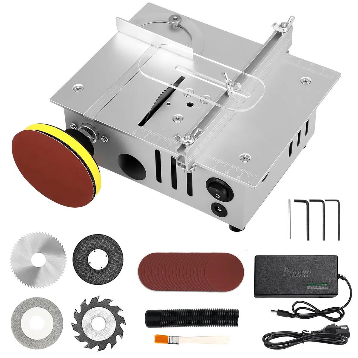 Mini Sega Circolare con 4 Lame, 96w Mini Sega da Tavolo Portatile, Banco Sega Circolare per Legno con Alimentazione 7 Velocità, Scalpello SDS Plus per Piastrelle, Scalpello Muratore (A)