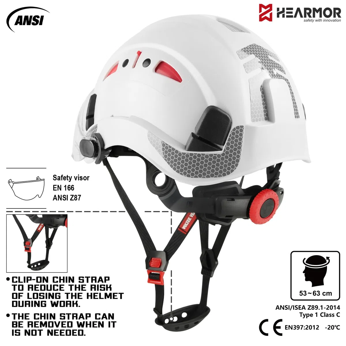 HEARMOR Casco protettivo per caschi da cantiere, EN 397, casco da lavoro ventilato per adulti, sistema a cricchetto regolabile con visiera opzionale trasparente e fumo