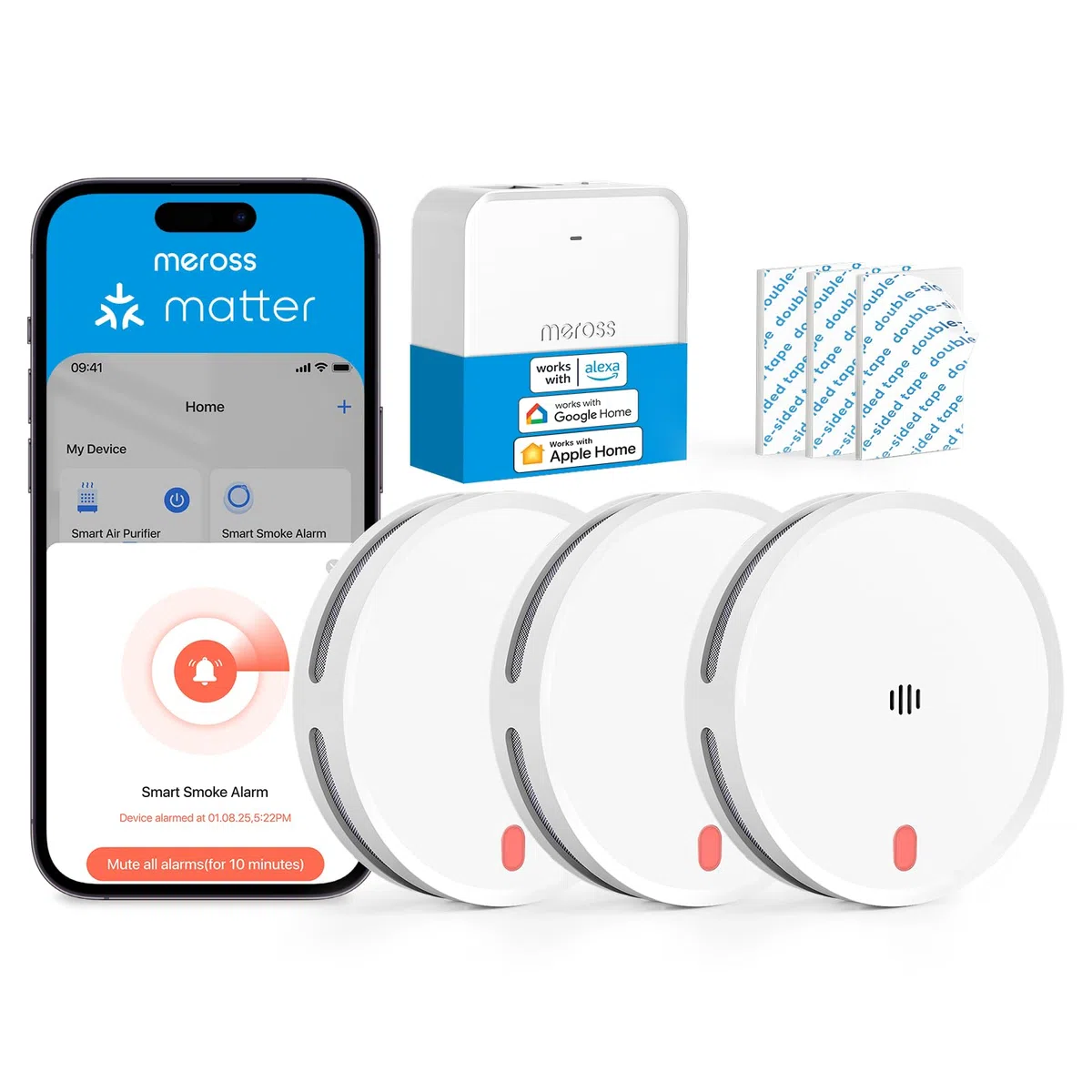 Meross Matter Rilevatore di Fumo WiFi connesso, Allarme Antincendio Intelligente con Doppio Sensore Ottico, Rilevatore di Fumi con Avviso APP, Rete 0,8 mm, 33 mm, con Hub MSH450, 3 Pezzi