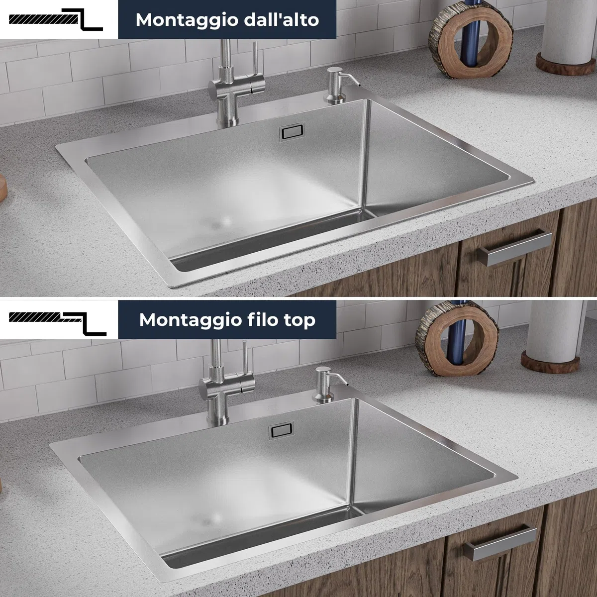 ANW HOME Lavello Cucina 1 Vasca, Lavandino Cucina in Acciaio Inox 304 con Montaggio Superiore, 60x50 cm, Argento, Finitura Nano, Spessore 3+1 mm, Profondità 22 cm, con Sifone