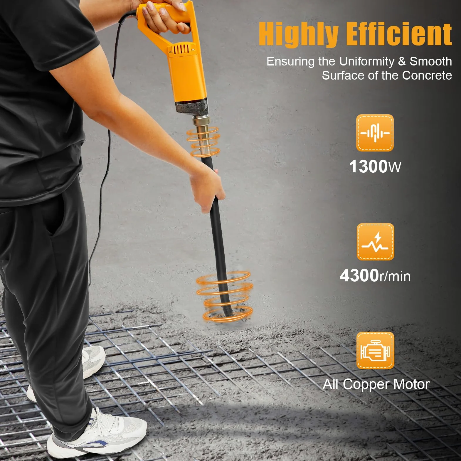 Vibratore Beton Betonniere Elettrico 1300W Ago Vibrante Per Beton 2M Vibratore Per Calcestruzzo 4300 giri/min Piastra Vibrante Vibrante Cemento Portatile, Eliminare Bolle D'Aria, Mescolare Il