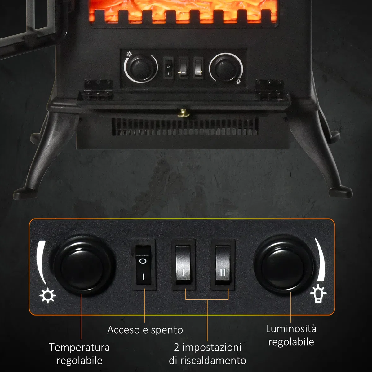 HOMCOM Camino Elettrico da Terra con Effetto Fiamma, Caminetto Elettrico 1000W /2000W con Protezione da Surriscaldamento e Termostato, in ABS e Vetro, 45x28x54cm, Nero