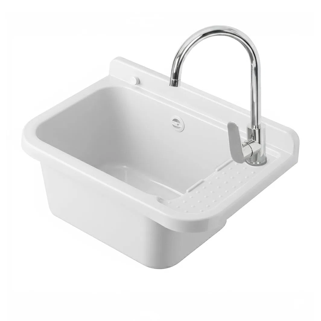 Set Pilozzo Sospeso 50x34 Cm Bianco - Vasca Lavatoio In Resina Resistente Agli Acidi Con Porta Sapone - INCLUDE Miscelatore Canna Alta Cromo In Acciaio INOX E Kit Scarico