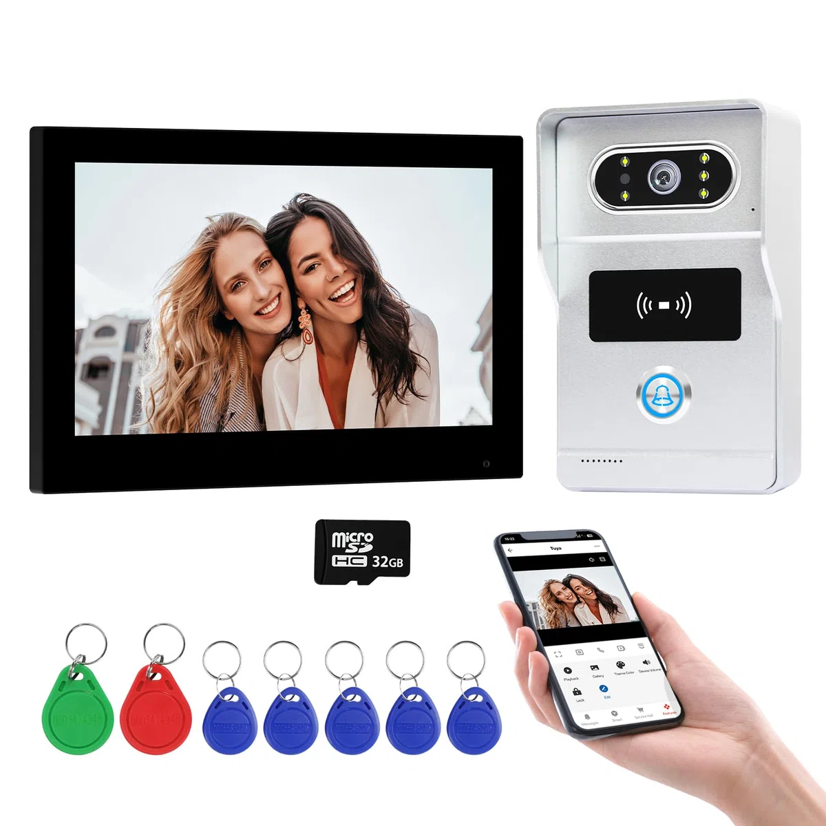 Sistema di Videocitofono Tuya WiFi a 2 Fili per la Casa, Videocamera HD 1080P Campanello con Monitor Touch Screen da 7 Pollici, Sblocco Tramite APP Intelligente/Scheda RFID