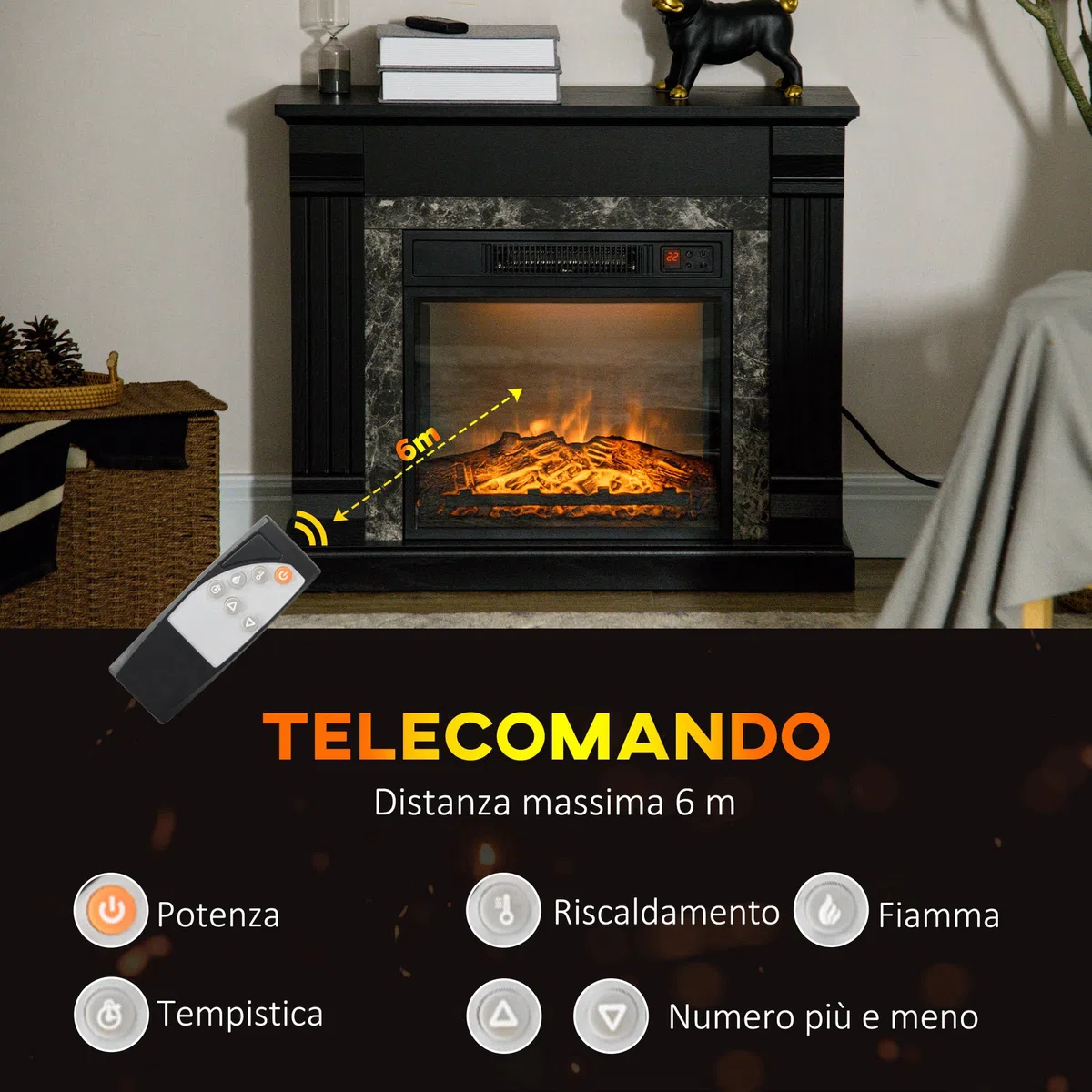 HOMCOM Camino Elettrico con Cornice Effetto Fiamma Realistico 3 Luminosità Regolabile, Stufa Silenzioso Caminetto Elettrico 1800W con Telecomando, Termostato, Timer, Riscaldamento Regolabile, Nero