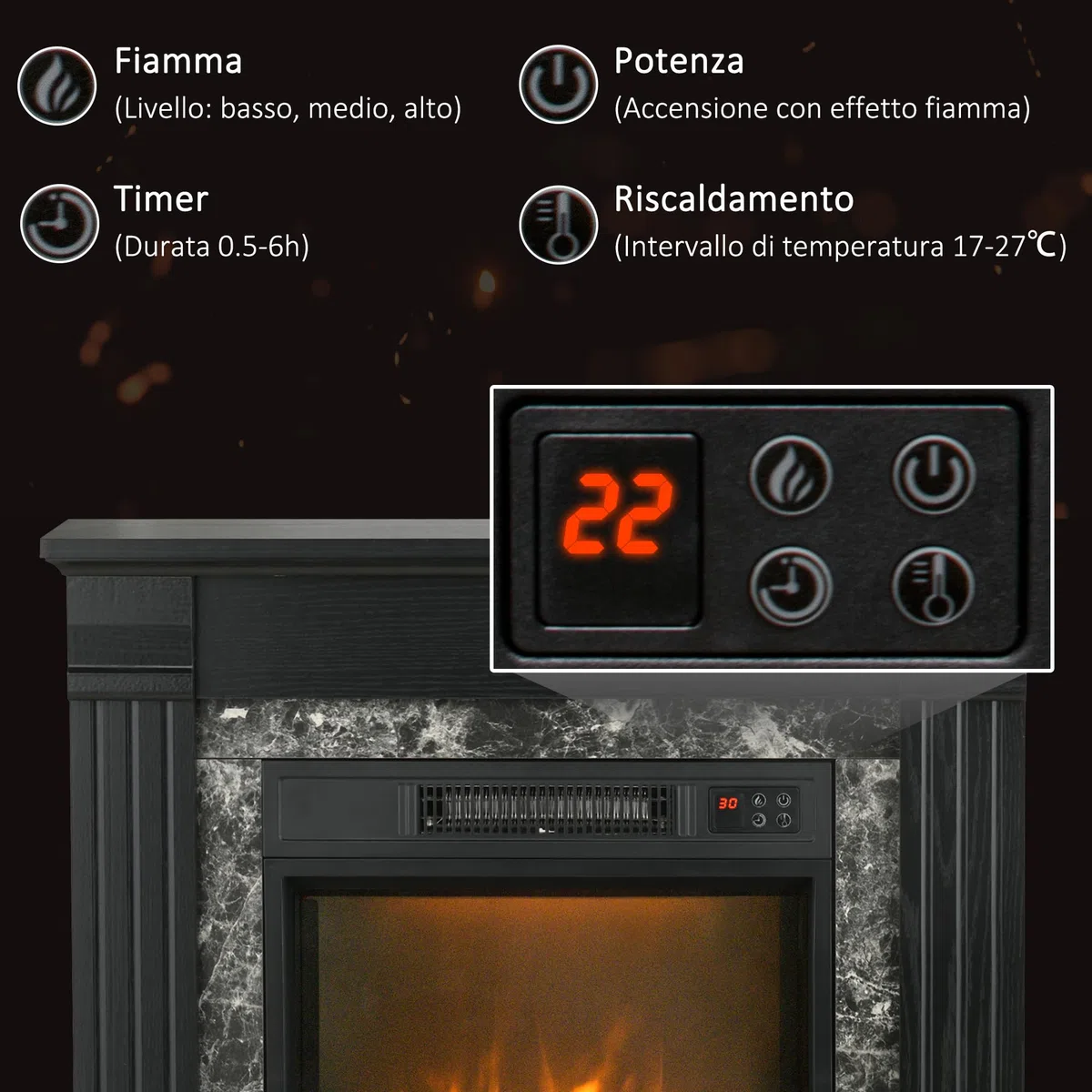 HOMCOM Camino Elettrico con Cornice Effetto Fiamma Realistico 3 Luminosità Regolabile, Stufa Silenzioso Caminetto Elettrico 1800W con Telecomando, Termostato, Timer, Riscaldamento Regolabile, Nero
