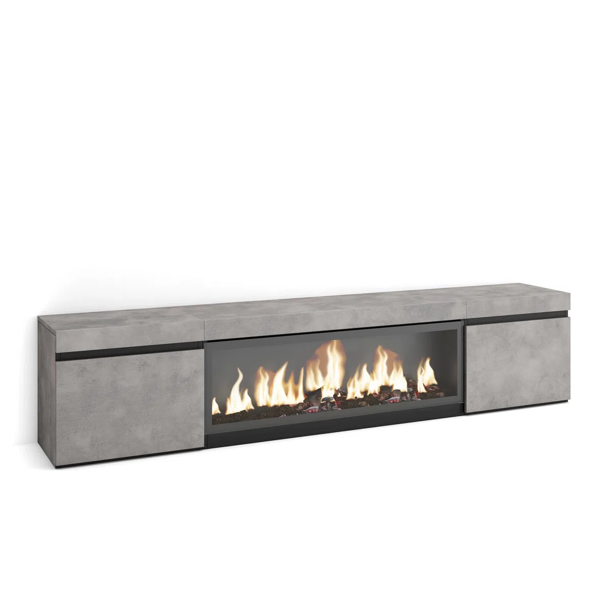 Skraut Home | Mobile TV Soggiorno | Ampio spazio a disposizione | 210 | Per TV fino a 80" | Camino elettrico XXL | Stile moderno | Cemento