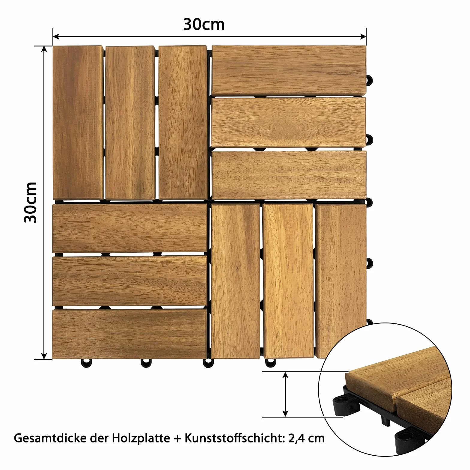 UISEBRT Piastrelle in legno di acacia, 30 x 30 cm, 2 m², piastrelle da giardino, drenaggio, facile da posare, per terrazze e balconi, modello B, 22 pezzi