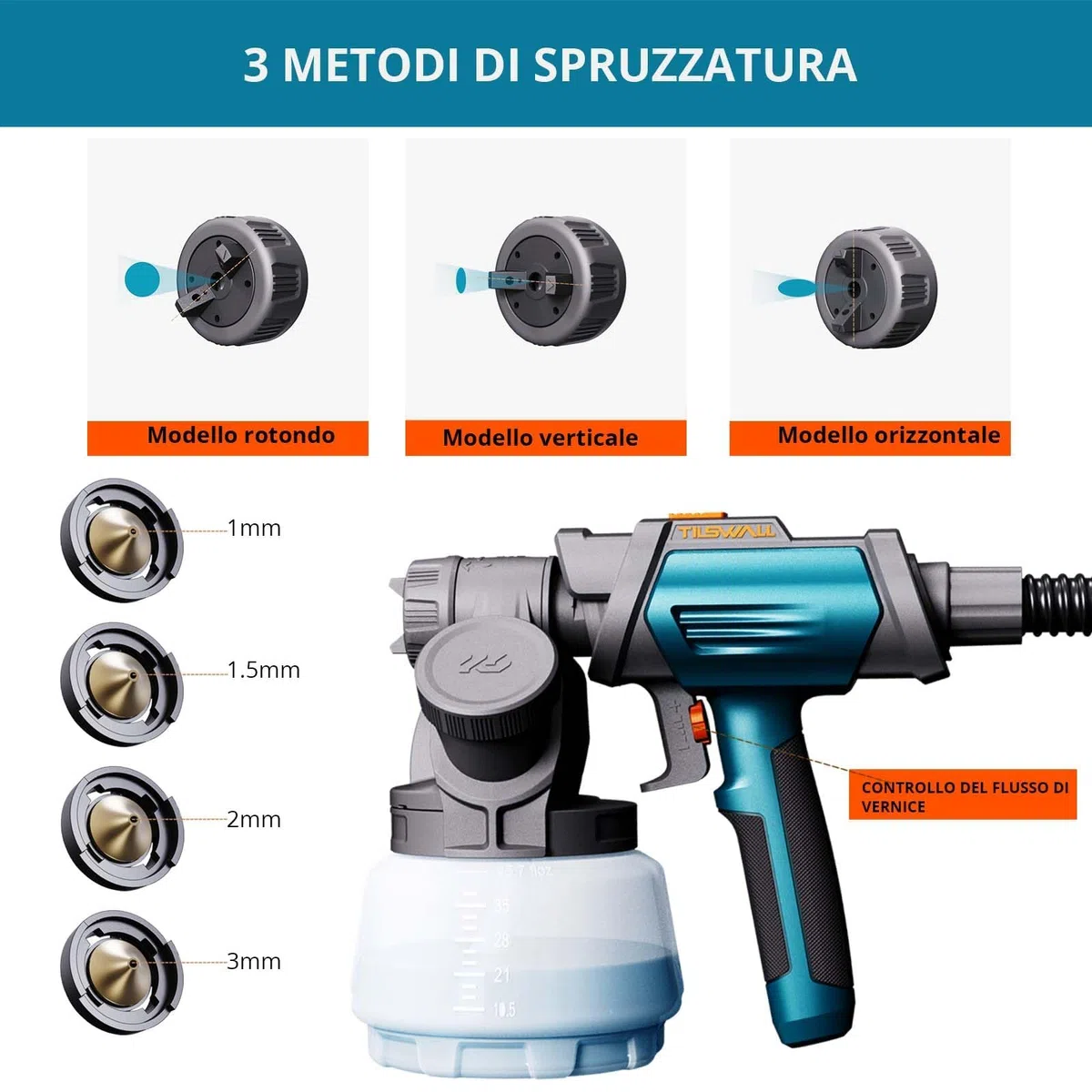 Tilswall Pistola a Spruzzo per Verniciare Shark 800, Pistola Vernice Elettrica con Contenitore 1300 ML, 4 Ugelli in Ottone e 3 Modalità di Spruzzo, 1200 ML/MIN, Facile da Pulire per Mobili, Pareti