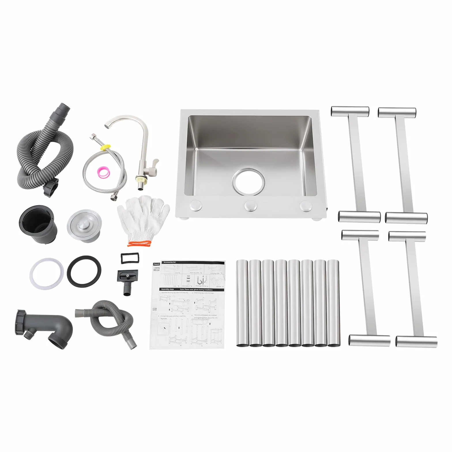 Lavello in acciaio inox a libera installazione, lavandino da cucina moderno grande, lavello con mobile sottostante da cucina, rettangolare, con troppo pieno, alta capacità, lavanderia e garage