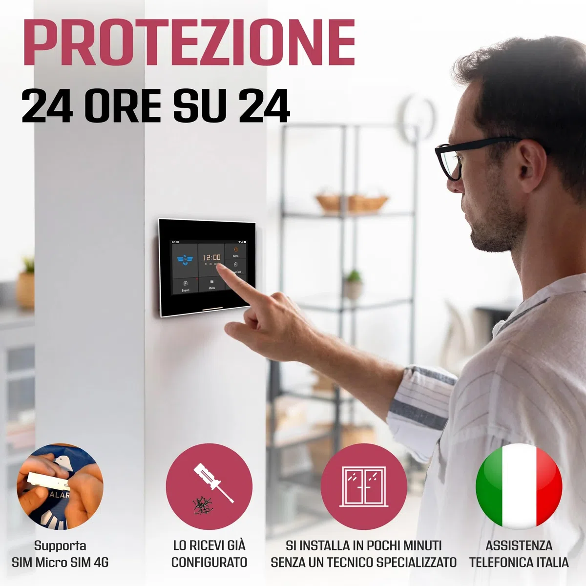 ITALIAN ALARM - Allarme Casa Senza Fili WiFi con Sirena Esterna, Kit Antifurto Casa Wireless, Sistema Sicurezza Completo con APP, Supporta Sim Gsm 4G. Già Configurato, Videotutorial, Assistenza Italia