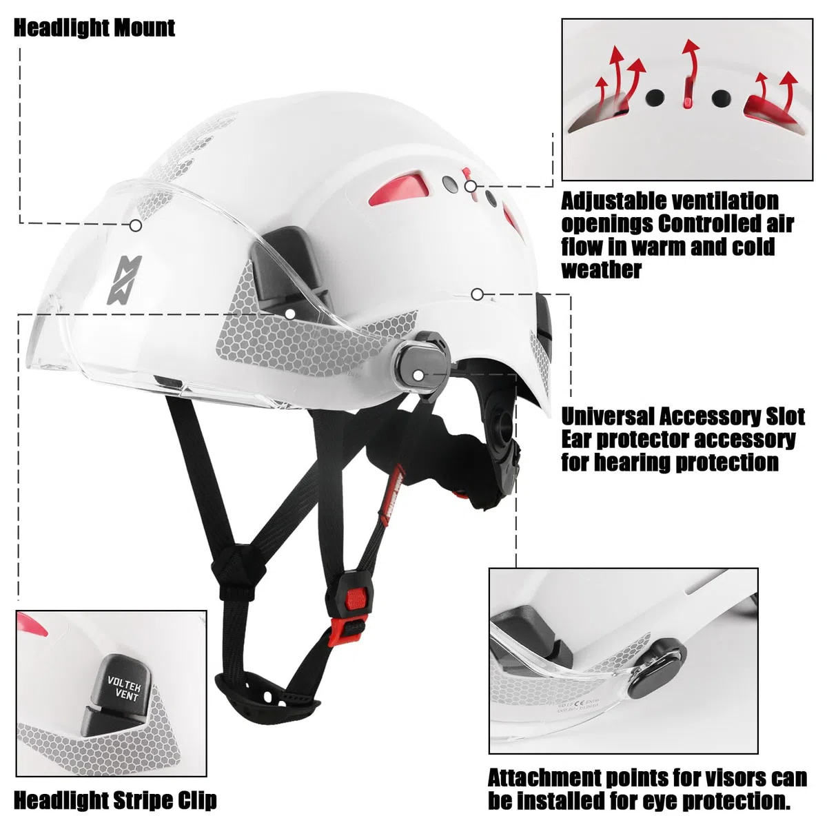 HEARMOR Casco protettivo per caschi da cantiere, EN 397, casco da lavoro ventilato per adulti, sistema a cricchetto regolabile con visiera opzionale trasparente e fumo