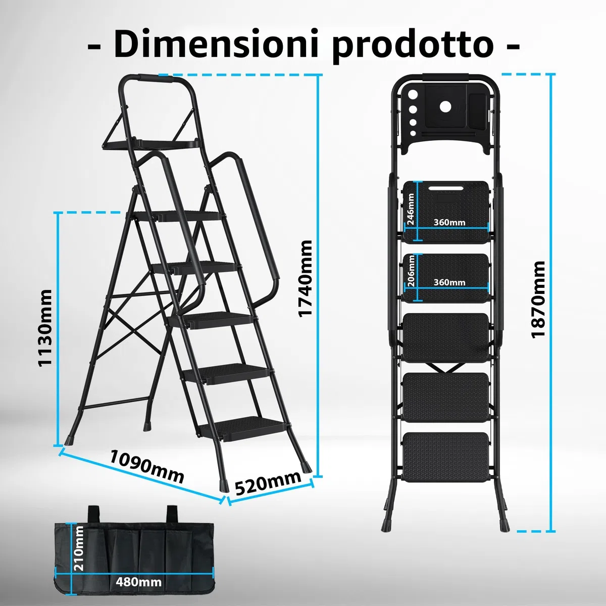 BONTEC Scala Pieghevole a 5 Gradini con Pedali Extra Larghe in Plastica Antiscivolo, Struttura in Ferro, Vassoio Portaoggetti e Borsa Attrezzi, Portata 150 kg, Facile da Riporre,Nero