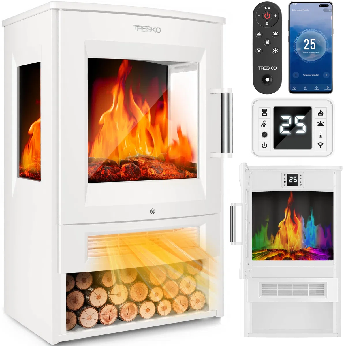 TRESKO Camino elettrico con riscaldamento con telecomando e app WiFi, camino elettrico, 1800 W, effetto fiamma a LED, modalità di colore, termostato, timer, stufa elettrica, camino, camino, 2 livelli