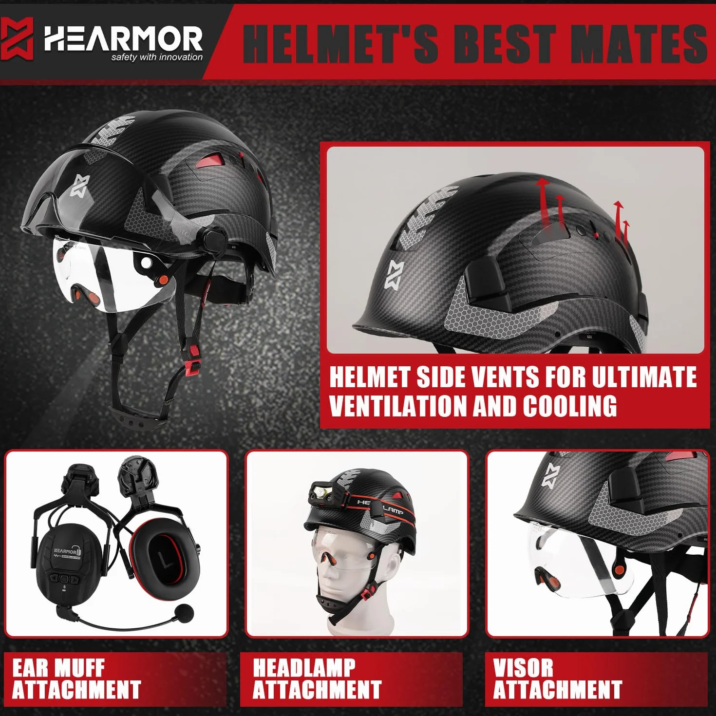 HEARMOR Casco di sicurezza e protezione dell'udito, ANSI Z89.1, certificato ANSI Z89.1, leggero, ventilato, sospensione a 6 punti, ideale per l'industria e l'edilizia