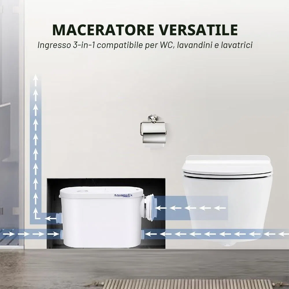 Aquamatix Silencio S Trituratore Pompa Maceratore 400W Sistema di Sollevamento 145L/min per WC sospeso 3 ingressi 8m Distanza di pompaggio verticale con Filtro a carbone