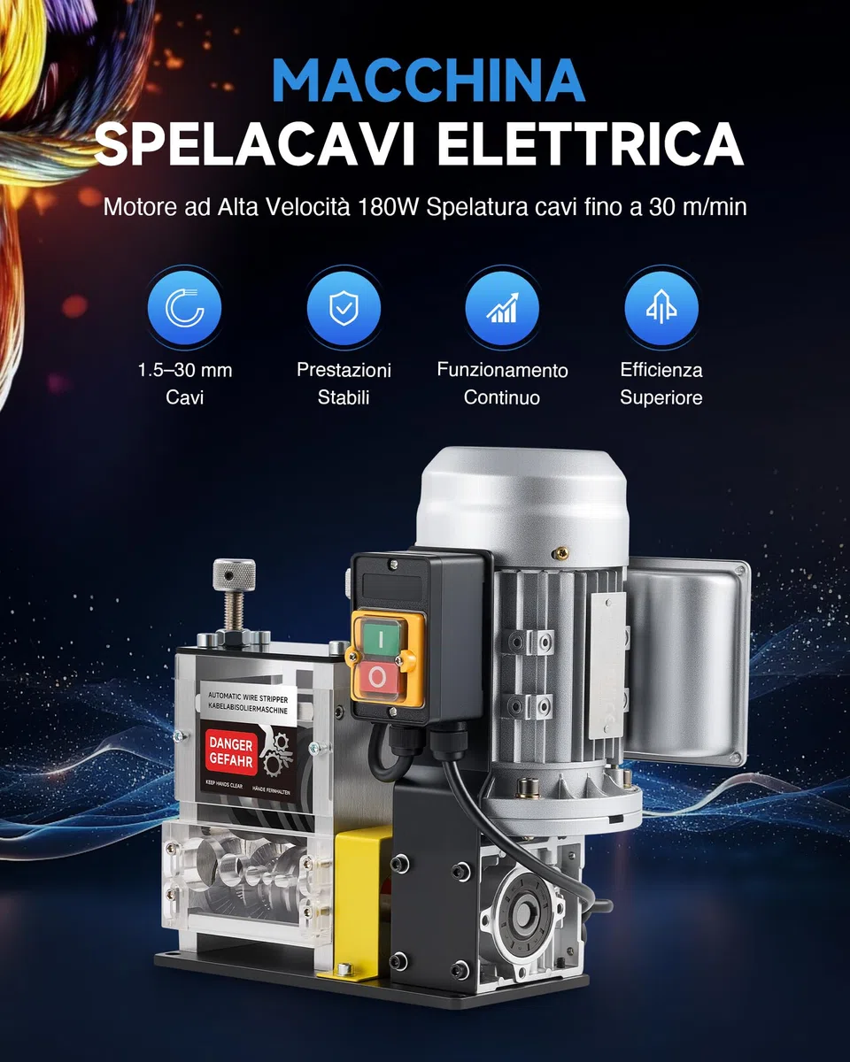 CREWORKS 180W Macchina Spelacavi Elettrica Professionale per Cavi da 1.5mm a 30mm con 5 Lame e 5 Multi-Fori Fino 30m/min Sguainacavi Spelafili Elettrico Recupero Rame Mcchina Spelafili per Vari Cavi